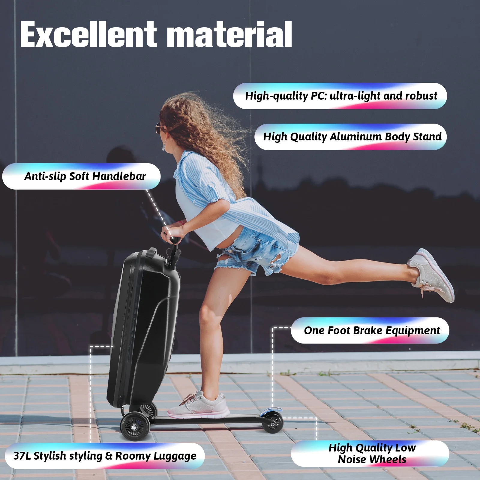 Advwin Scooter Luggage for Kids & Adults, Hardside Ride on Suitcase for Kids Ages 4-15 Multifunctional Lightweight Foldable Carry on Luggage with Wheels Ride on for Children Teenagers, Pink