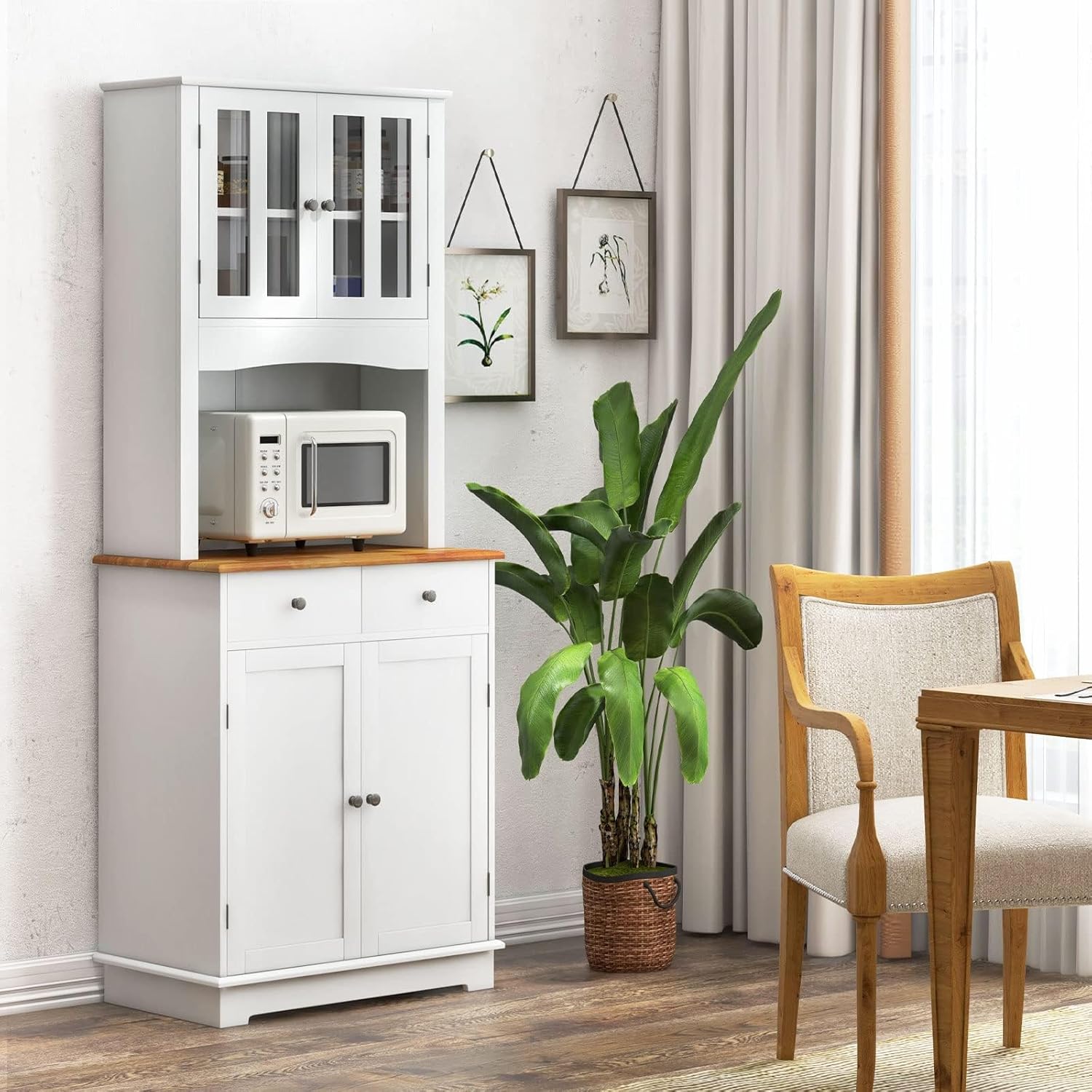 GYMAX Credenza da Cucina Alta, 68 x 40 x 170, Mobile Dispensa in Legno di Gomma, con 2 Ante in Vetro Temperato, Ripiani Regolabili, 2 Cassetti, Mobile per Sala da Pranzo, Bianco