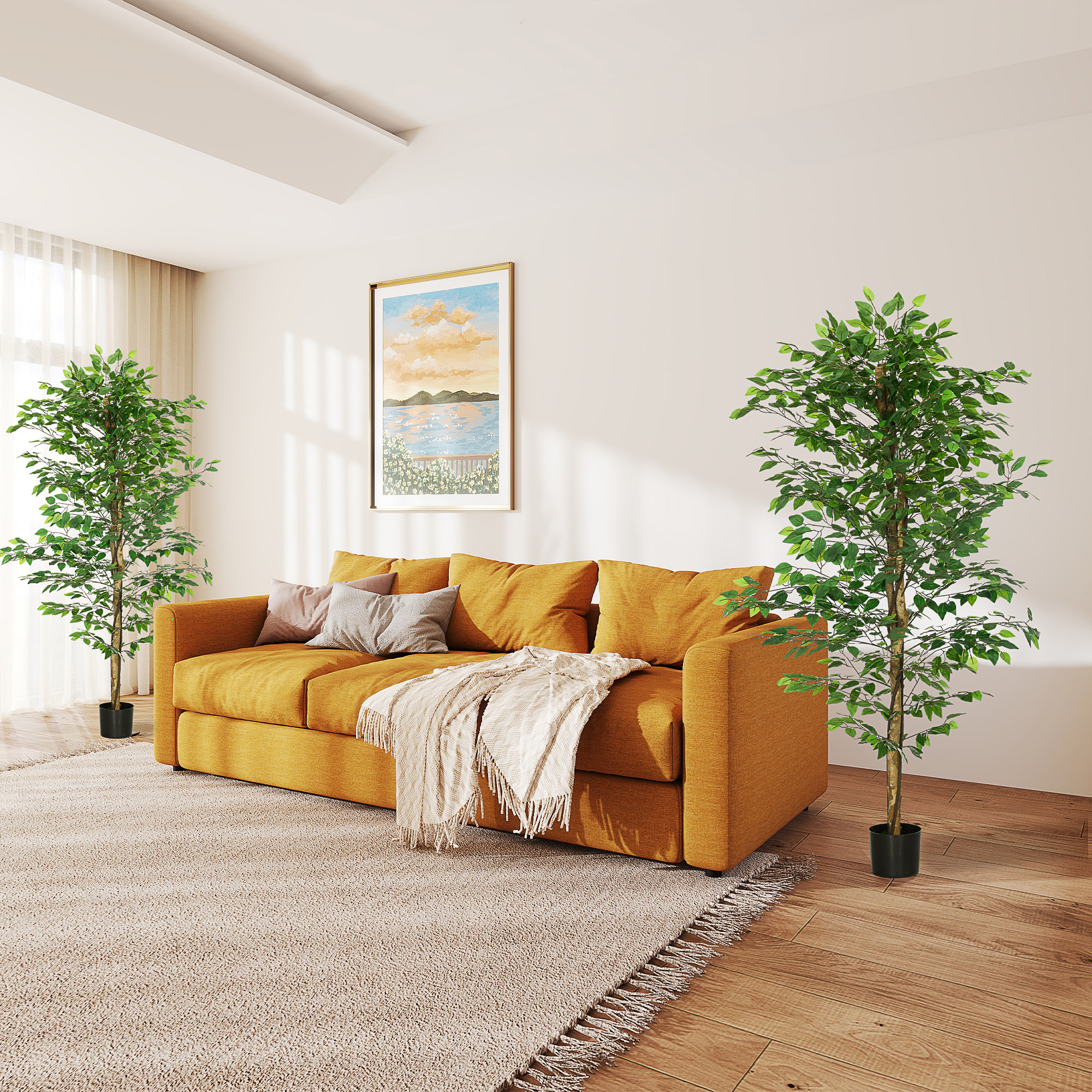 HOMCOM Set mit 2 künstlichen Ficus-Pflanzen 1,80 m hoch Stamm Äste Liane Moosblätter sehr realistisch inklusive Topf Grün