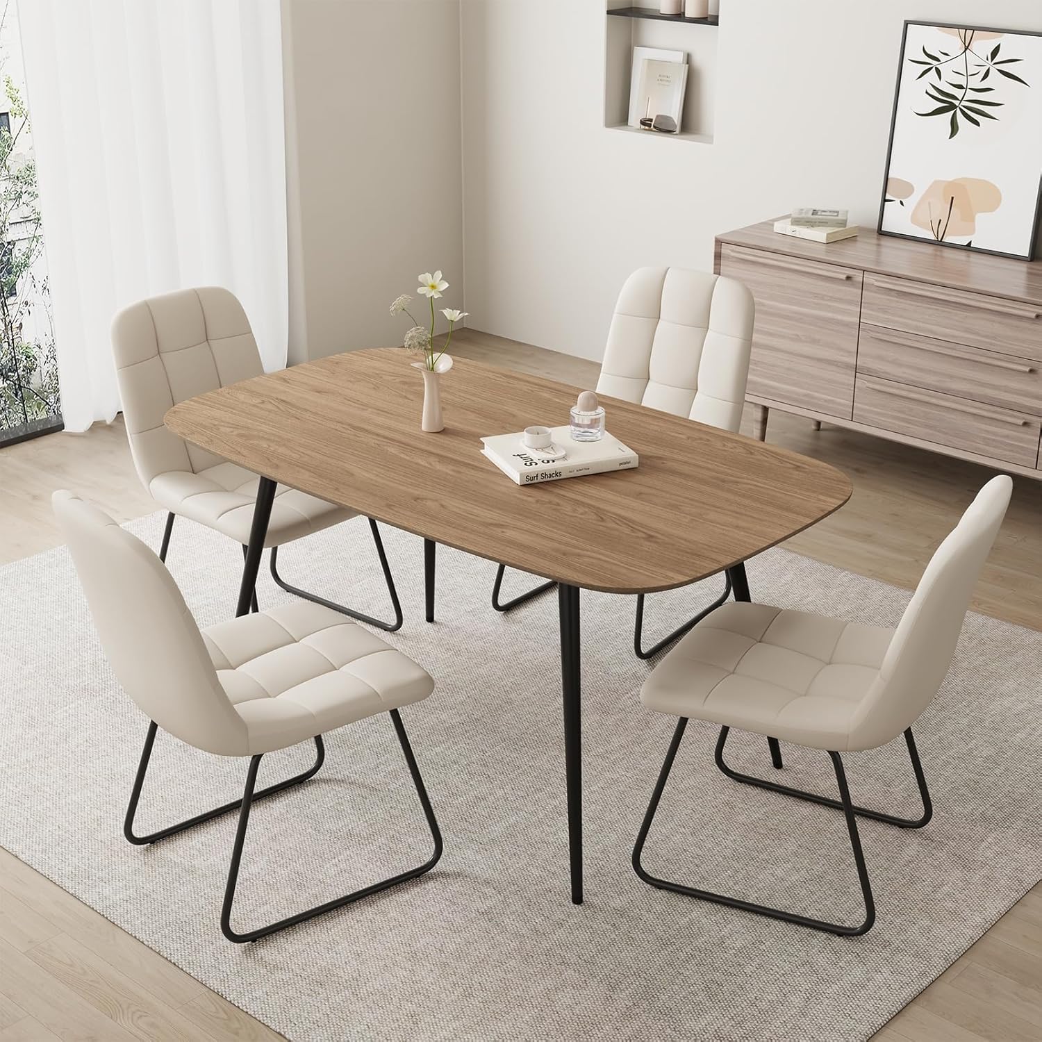 47.2'' Dining Table Set for 4,Modern Wood Dining Table,Leather Dining Chairs 4,Table and Chairs Set of 4,Ideal for Kitchen Dining Room (Walnut Color Table + 4 U-Shaped White Chairs, 47.2