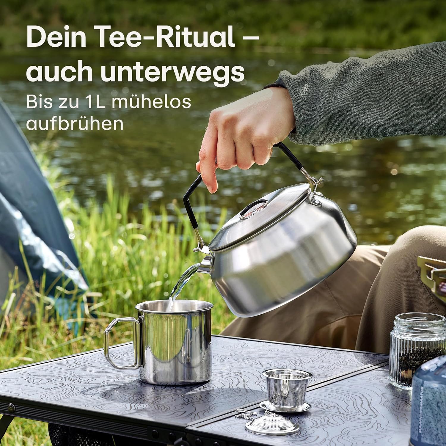 Reise-Wasserkocher Camping Wasserkocher Set 1L Edelstahl - Ohne Strom - Wasserkessel