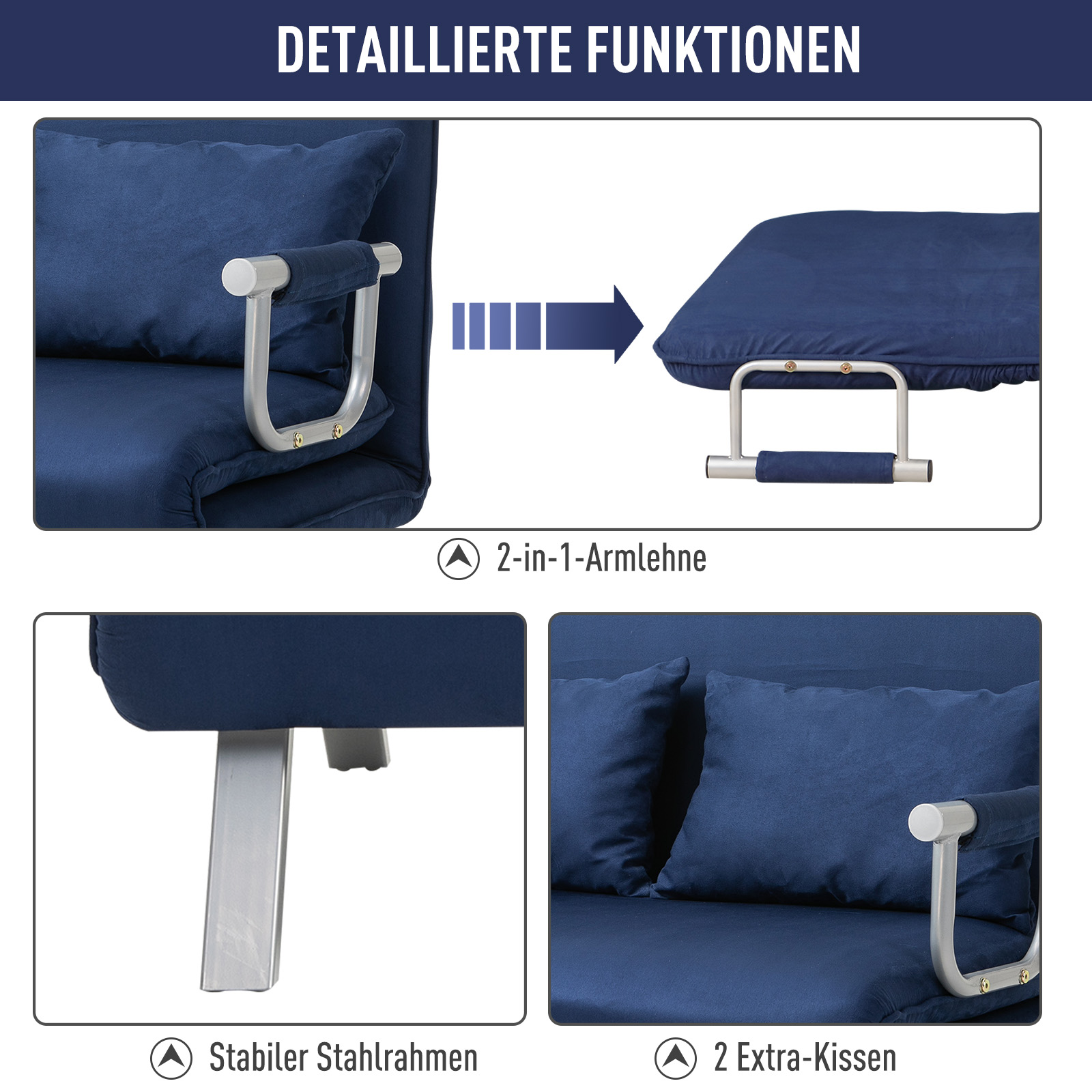 Slaapbank, 5-voudig verstelbaar, su��de-imitatie, metalen frame, incl. kussen, Marineblauw