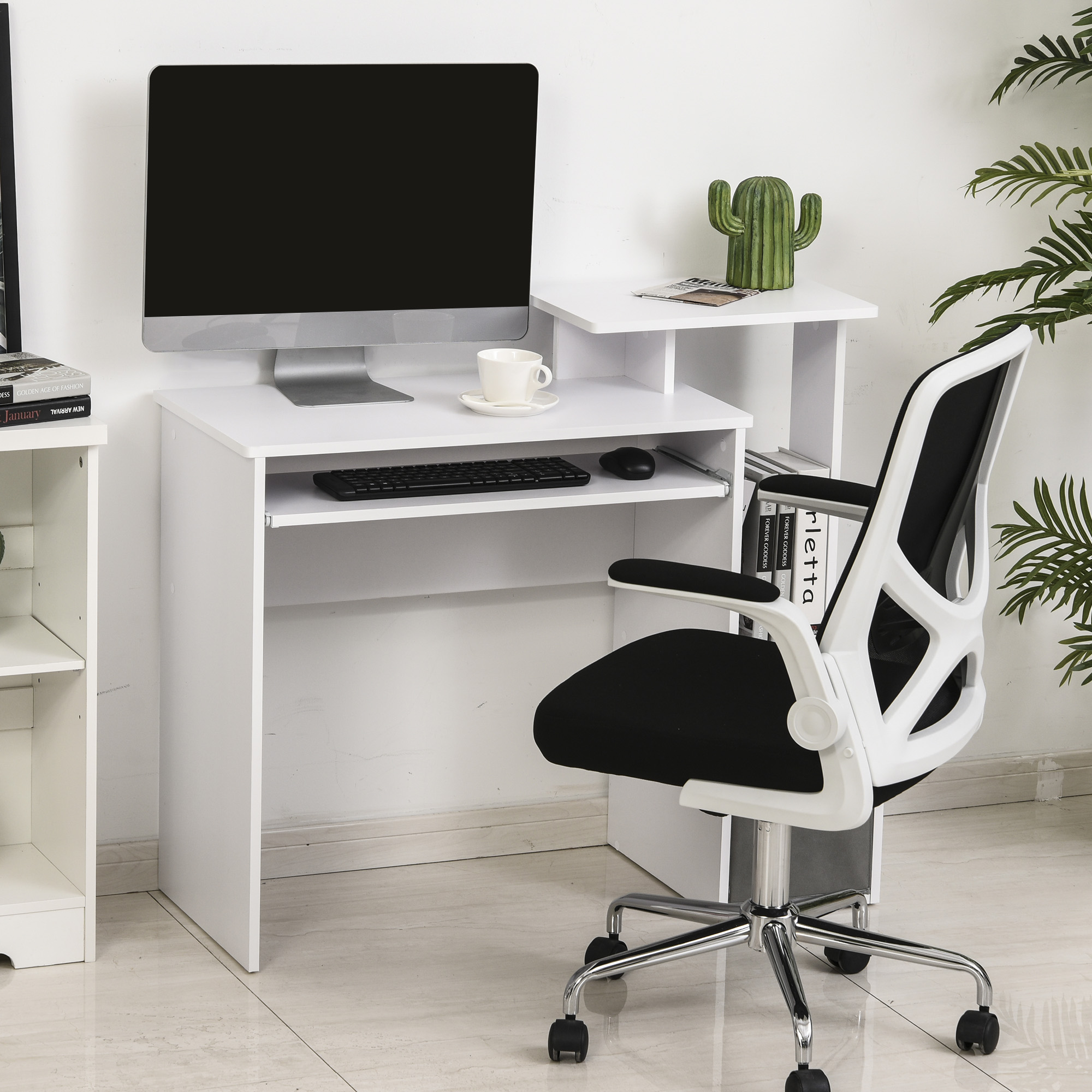HOMCOM Computertisch, Schreibtisch, Bürotisch, Gamingtisch, PC-Tisch mit Tastaturablage, Schublade, E1 Spanplatte, Weiß, 100 x 40 x 86,6 cm