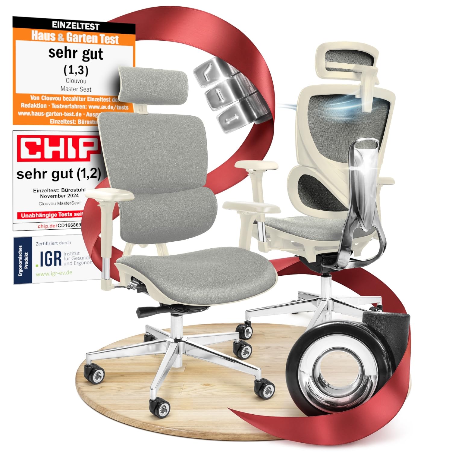 CLOUVOU Ergonomischer Bürostuhl mit verstellbaren Armlehnen und Kopfstütze