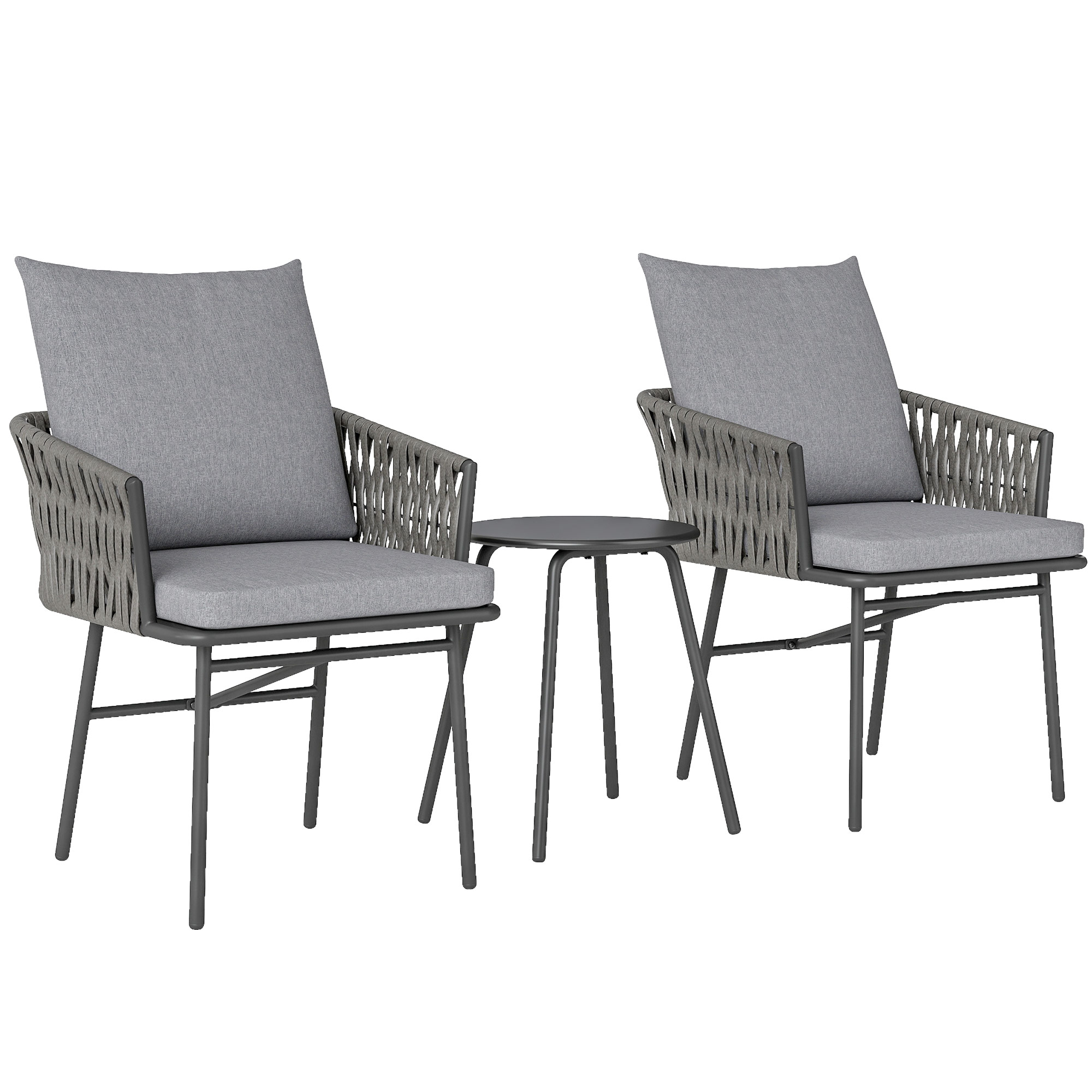 Outsunny 3-teiliges Außenmöbel-Set, 2 Stühle, 1 Tisch, Bistro-Set, Kunst-Rattan, Stahlrahmen, Metalltisch, 4 Kissen, Grau