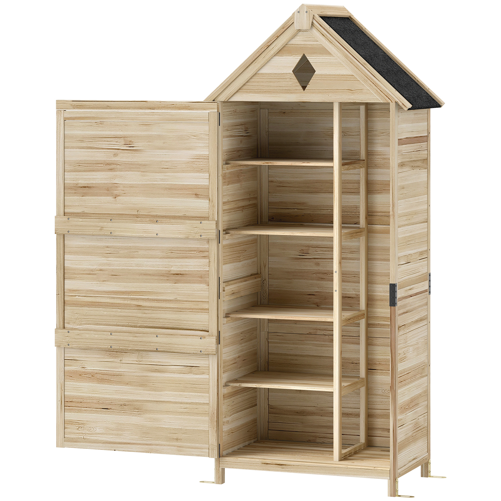 Outsunny Gartenschuppen mit 4 Regalen, Lagerschuppen aus Holz, wasserdichtes Asphalt-Dach, 80 x 49 x 170 cm, Hellbraun