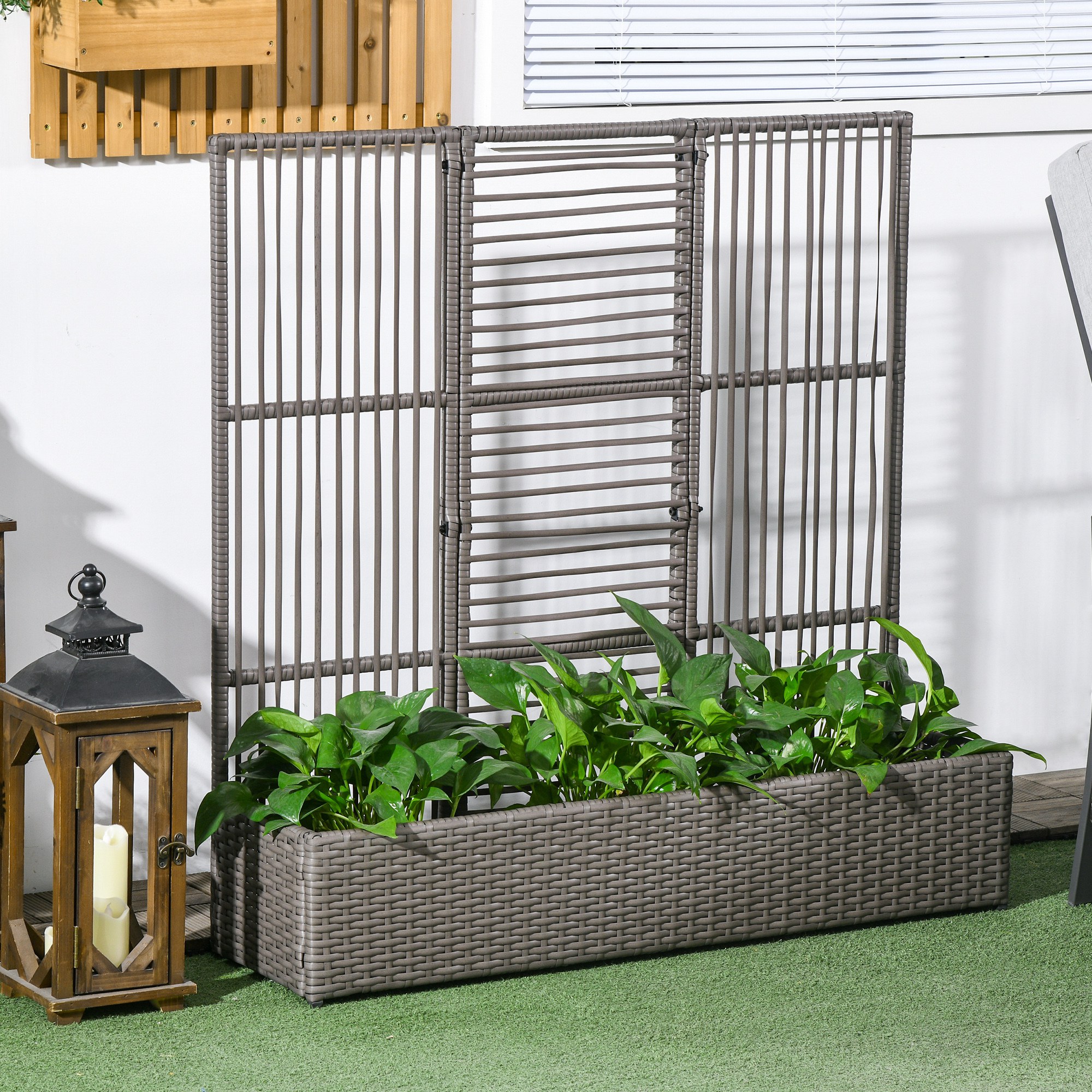 Outsunny Pflanzenständer mit Rankgitter rechteckiger Blumenkasten aus Kunststoffrattan und Stahl Abmessungen 103L x 29B x 103H cm