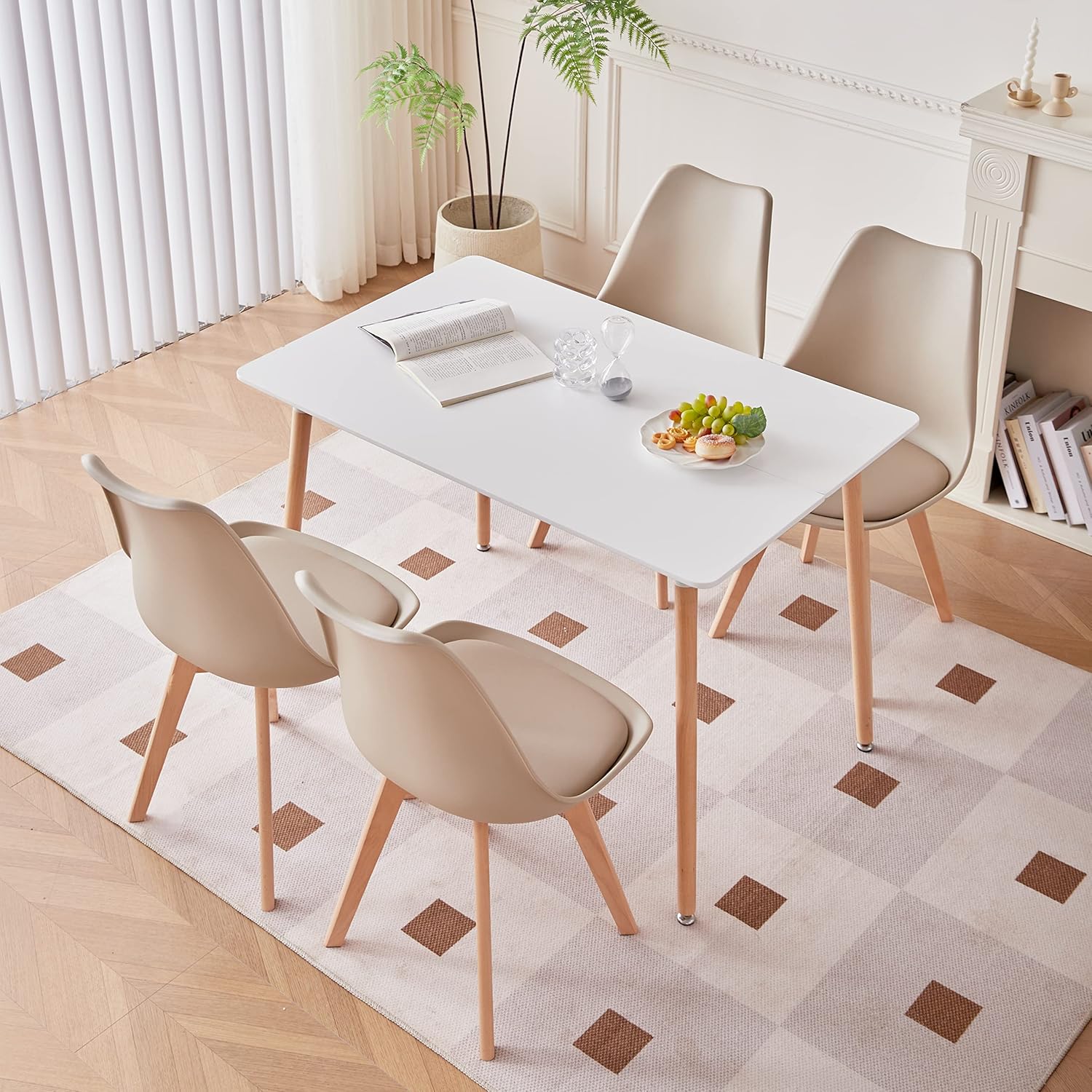 Set da Pranzo con Tavolo e Sedie, Tavolo Rettangolare e 4 Sedie da Cucina in Stile Scandinavo, per Sala da Pranzo, Cucina, Soggiorno, Bianco+cachi