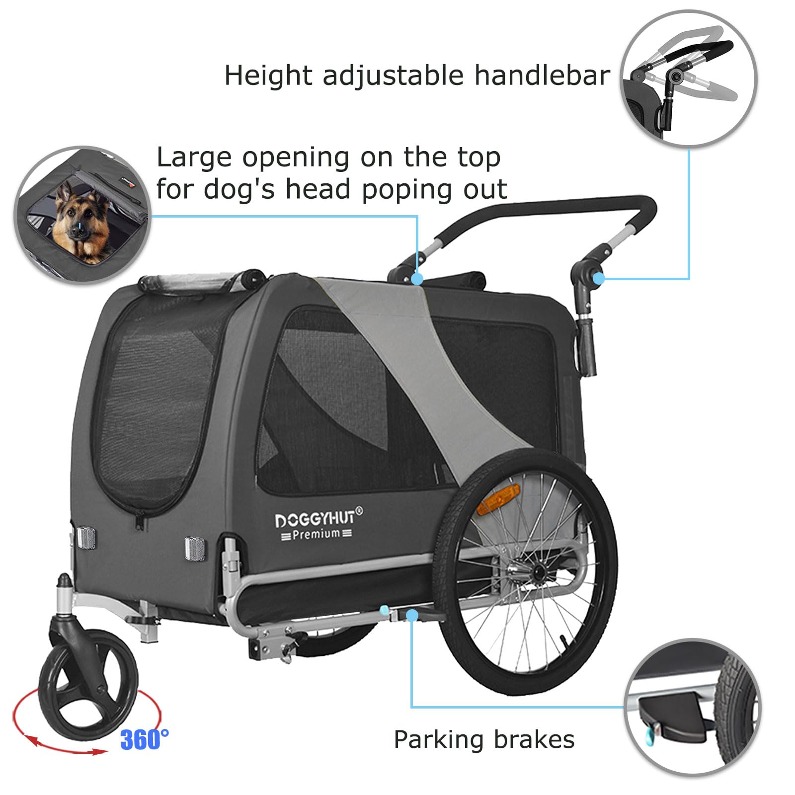 DOGGYHUT Premium XL 2 in 1 Hundefahrradanhänger und Jogger 23 bis 45 kg Hundeanhänger für Fahrrad 80106