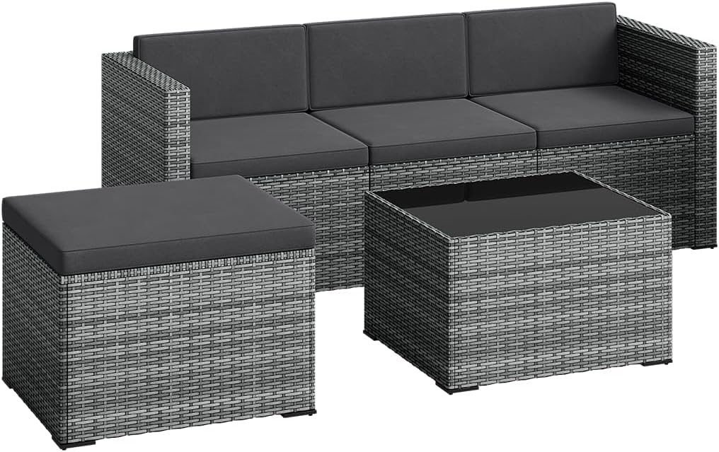 STEELSØN Zethora Rattan Gartenmöbel Set 3-TLG. – Outdoor Sitzgruppe für Garten/Terrasse/Balkon – Gartenlounge mit 3er-Sofa, Hocker & Tisch – Sitzgarnitur Set grau/anthrazit für 4 Personen