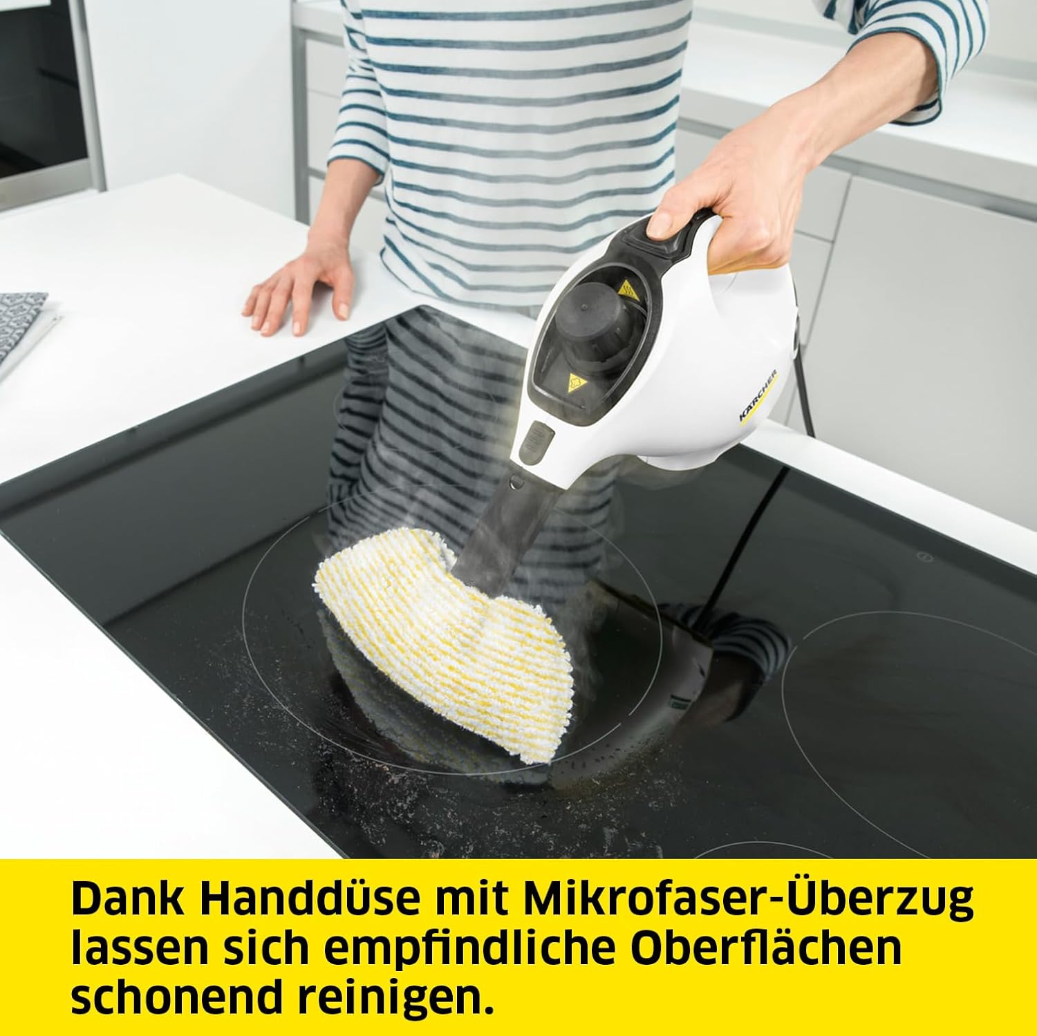 Krcher Dampfreiniger SC 1, Dampfdruck: 3 bar, Aufheizzeit: 3 min., Leistung: 1.200 W, Flchenleistung: 20 m, Tank: 200 ml, mit Hand-, Punktstrahl- und Powerdüse, Mikrofaser-berzug und Rundbürste