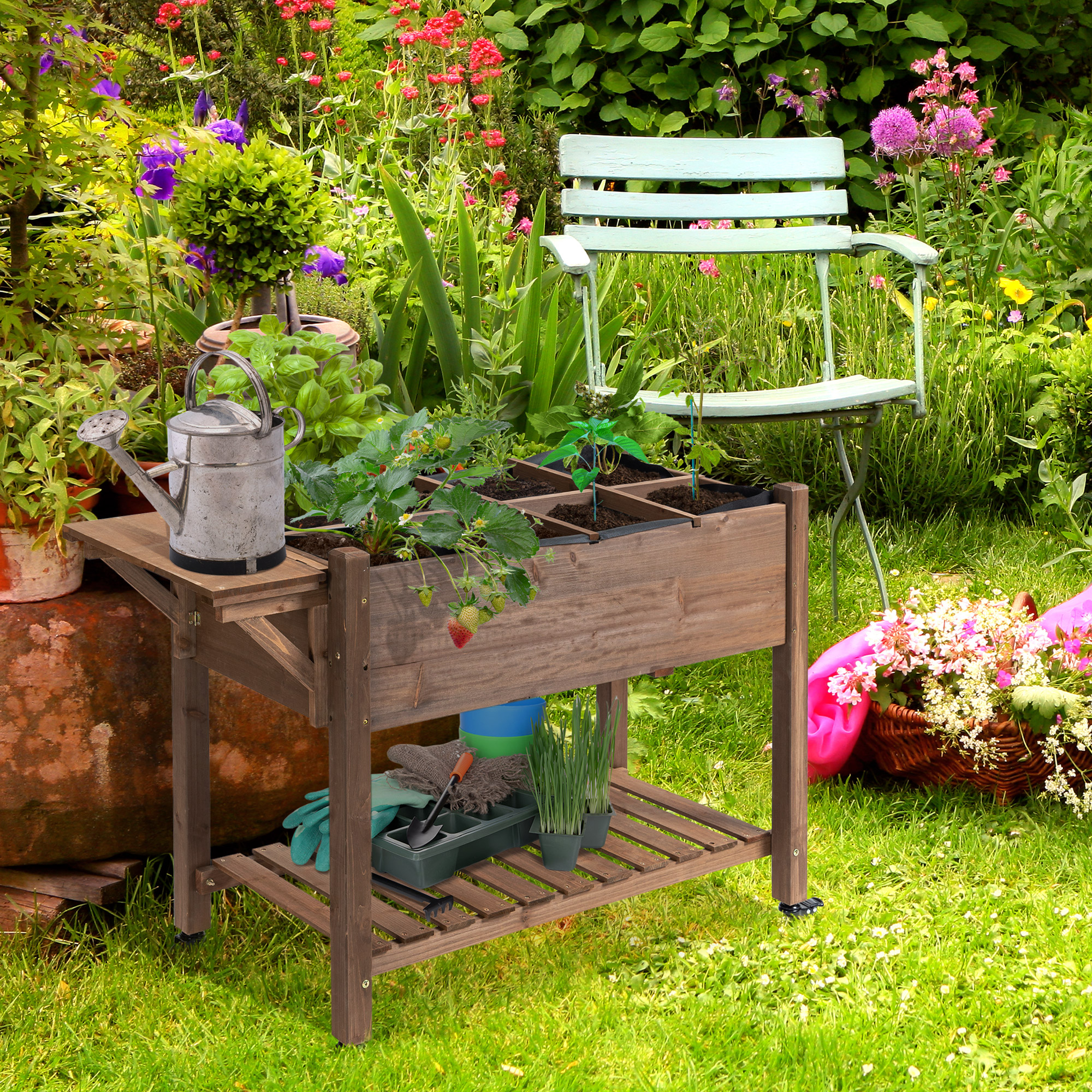 Outsunny Hochbeet auf Standfuß - Gemüsegarten auf Rollen - Regal, Klappbarer Tisch, Bewässerungseinsätze, Entwässerungsvlies Inklusive - Vorbehandeltes Tannenholz