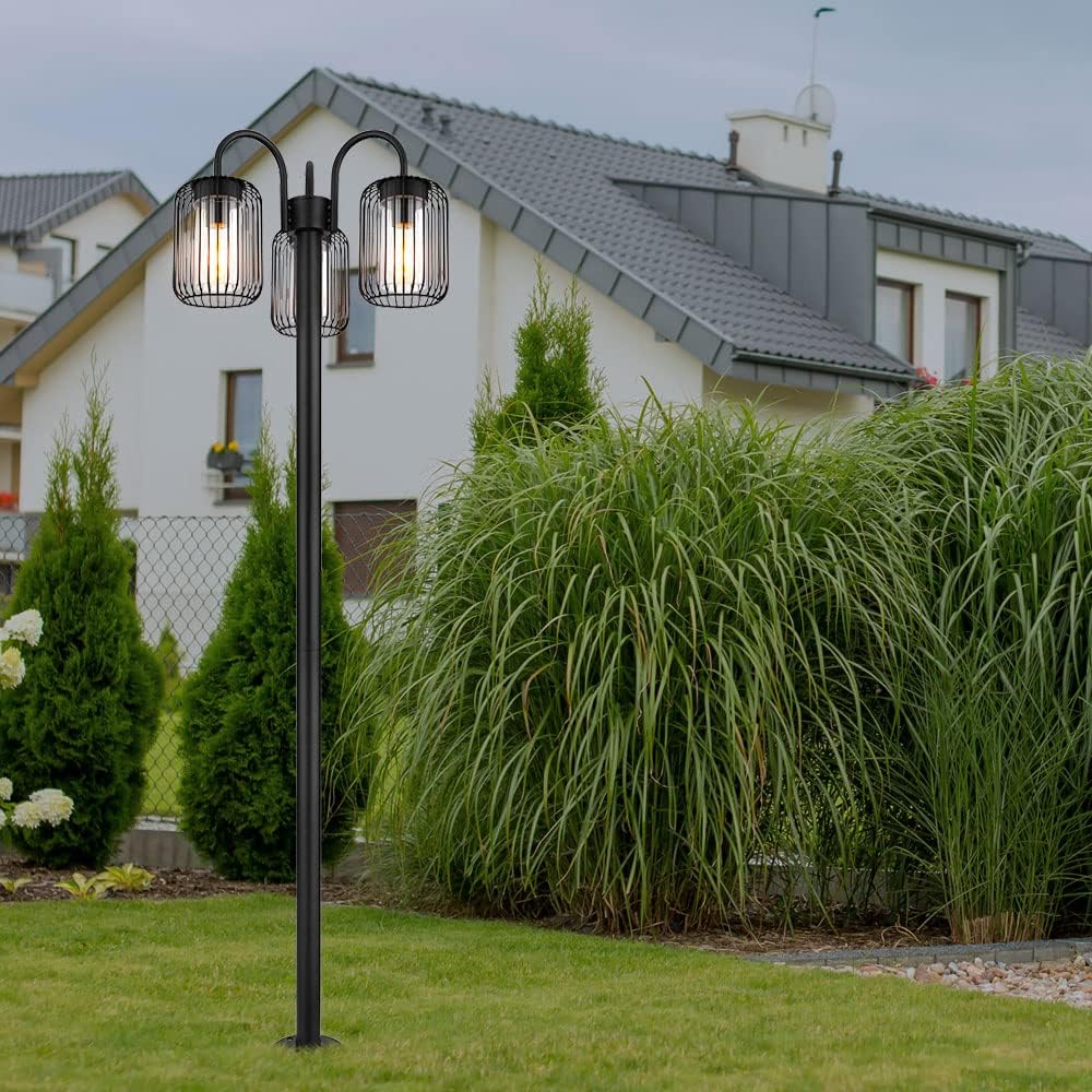 LED Stehlampe Laterne Außenlampe Retro Wegeleuchte Edelstahl Terrassenlampe wetterfest Gartenleuchte, Metallstäbe, schwarz, 3x E27 LED warmweiß, DxH 48,5x180 cm
