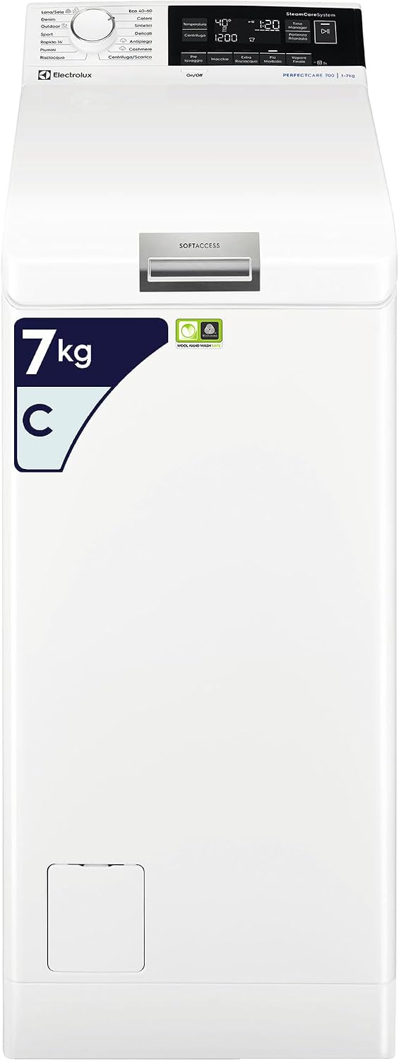 Electrolux PerfectCare 700 Lavatrice a Carica dall'Alto 7 kg, EW7T373S, Tecnologia SensiCare, SteamCare & Apertura Soft, 890x400x600 mm, Bianco