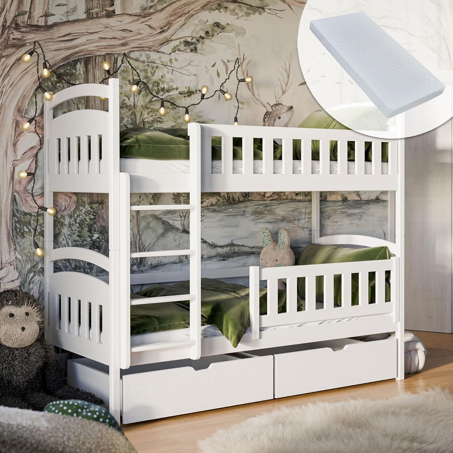 Kids Collective Hochbett 90x200 cm Etagenbett mit Zwei Matratzen und Zwei Schubladen, Lattenrost, Rausfallschutz, umbaubar in Zwei Einzelbetten weiß Kinderbett 90x200 cm von 4. bis 18. Lebensjahr