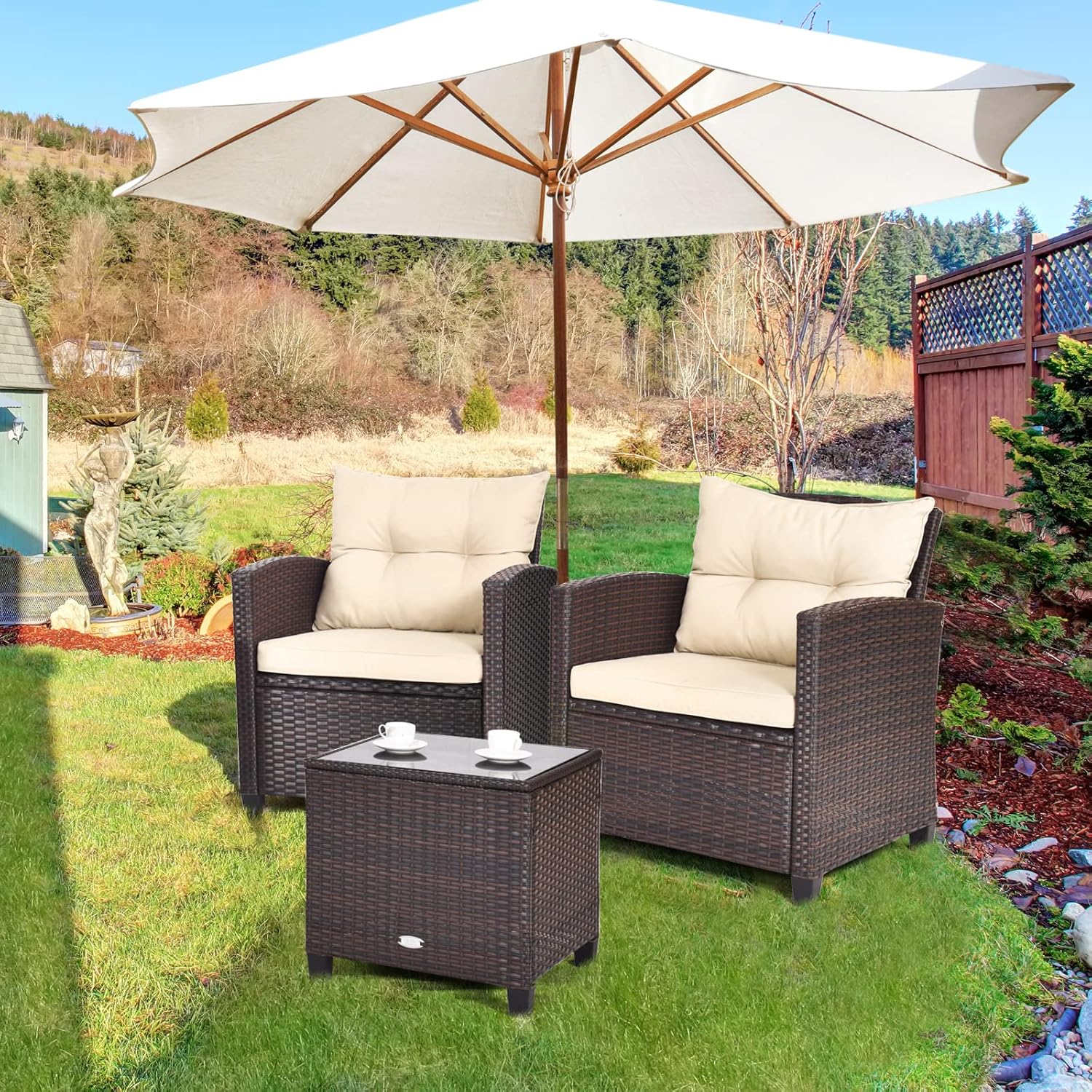 GIANTEX Set di Mobili da Giardino, in Rattan, 3 Pezzi Mobiletti, 1 Tavolino + 2 Poltrone, Salottino da Esterno, con Cuscini per Balcone, Giardino, Cortile, Terrazza, 3 Colori (Beige)