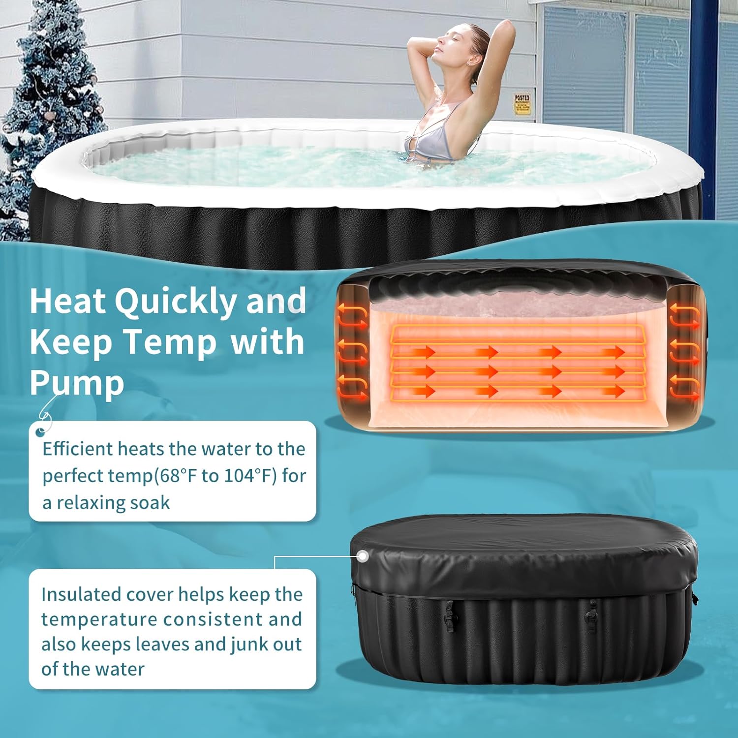 Hot Tub Aufblasbar für 2 Personen Mit LED, 2400W In/Outdoor SPA Pool Winterfest Mit 100 LuftdüSen, Frostschutz, 550 Liter, Auslaufsichere, Energiesparend, Bubble Spa & Wellness Massage