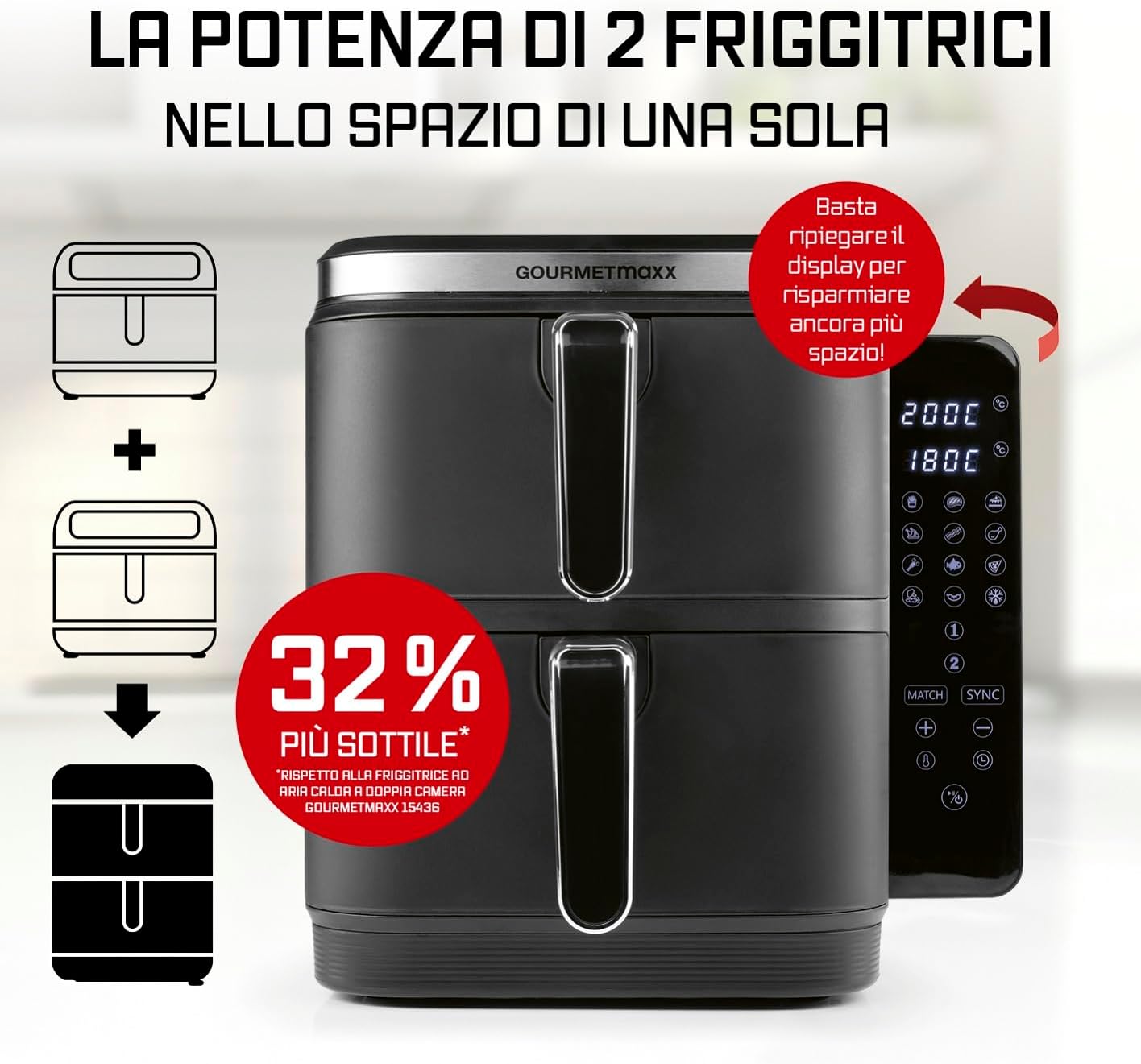 GOURMETmaxx FryUp Friggitrice verticale ad aria calda a doppia camera | Friggitrice 10 litri | 4 piatti su 4 livelli | Display touch richiudibile | 32% in più di risparmio di spazio | Calda 2 camere