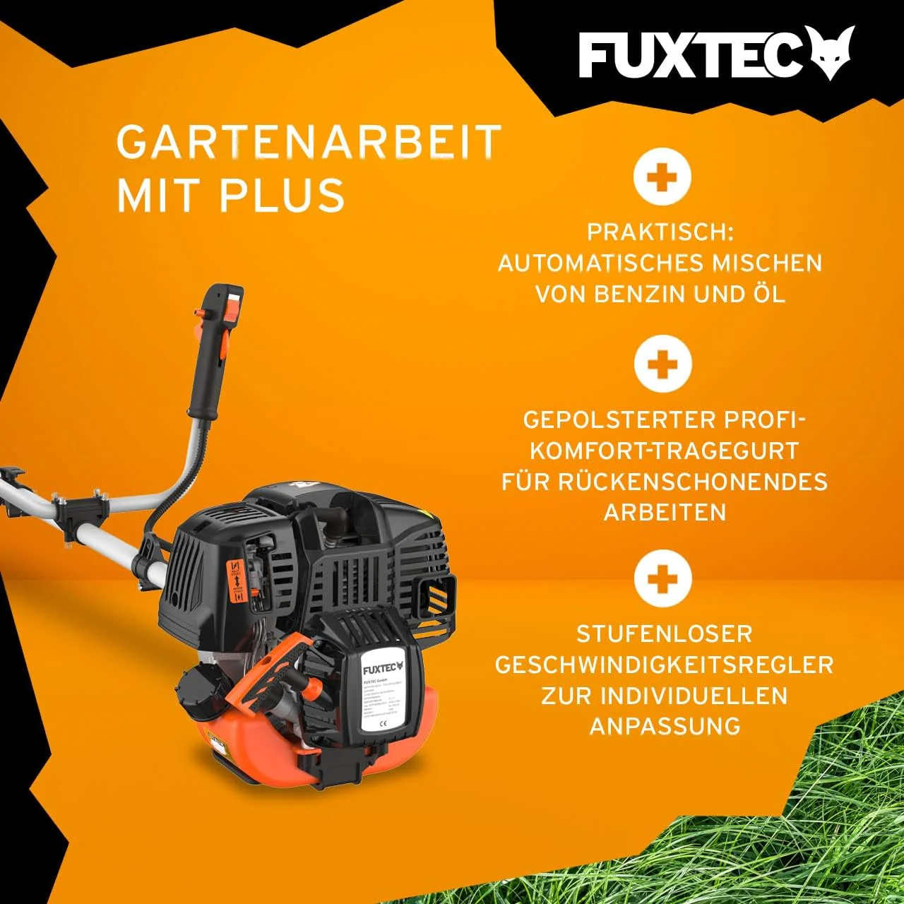 FUXTEC Benzine bosmaaier FX-4MS131, grastrimmer met 4-taktmotor, 320 mm snijcirkel, ergonomische tweehandige handgreep, noodstopschakelaar, lichtgewicht, incl. professionele draagriem/mes/draad