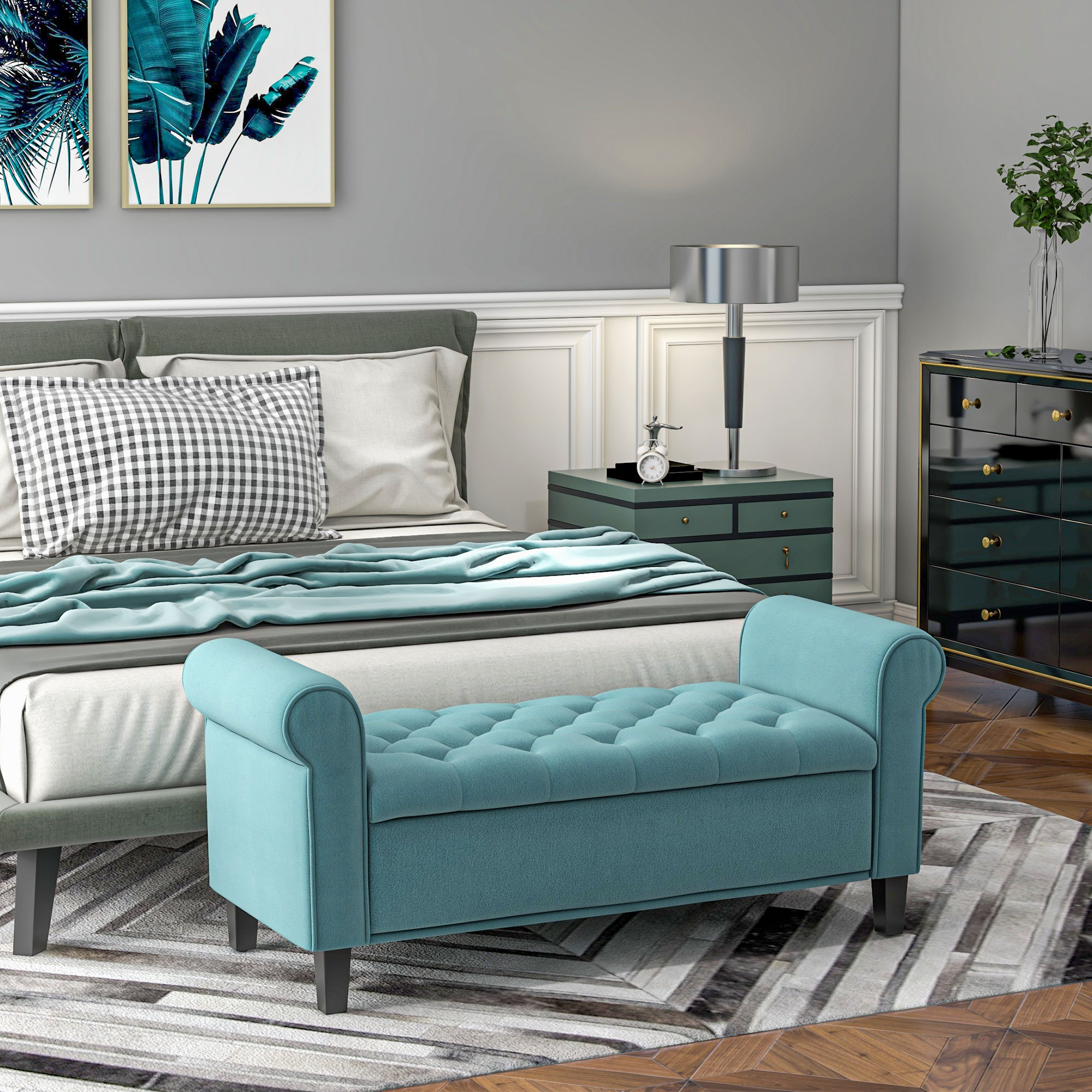 Vintage-design zitbank, zitbank met opbergruimte, fluweel-look, groen