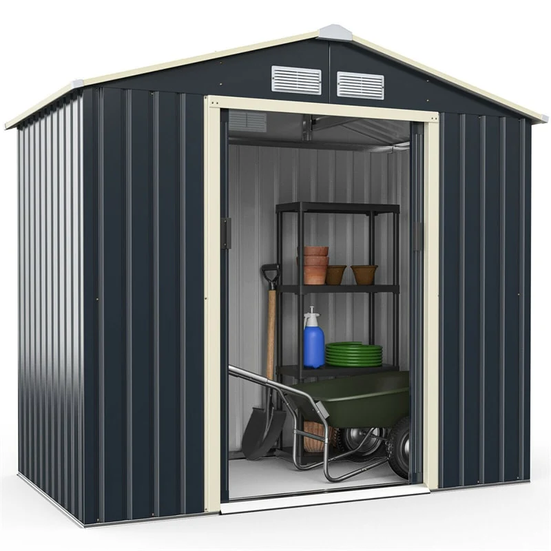 7 X 4 Ft Outdoor Metal Storage Shed With 4 Air Vents Amp Sliding Double Lockable Doors Backyard Tool Shed Garden Storage House - Durable Tools For Home Projects