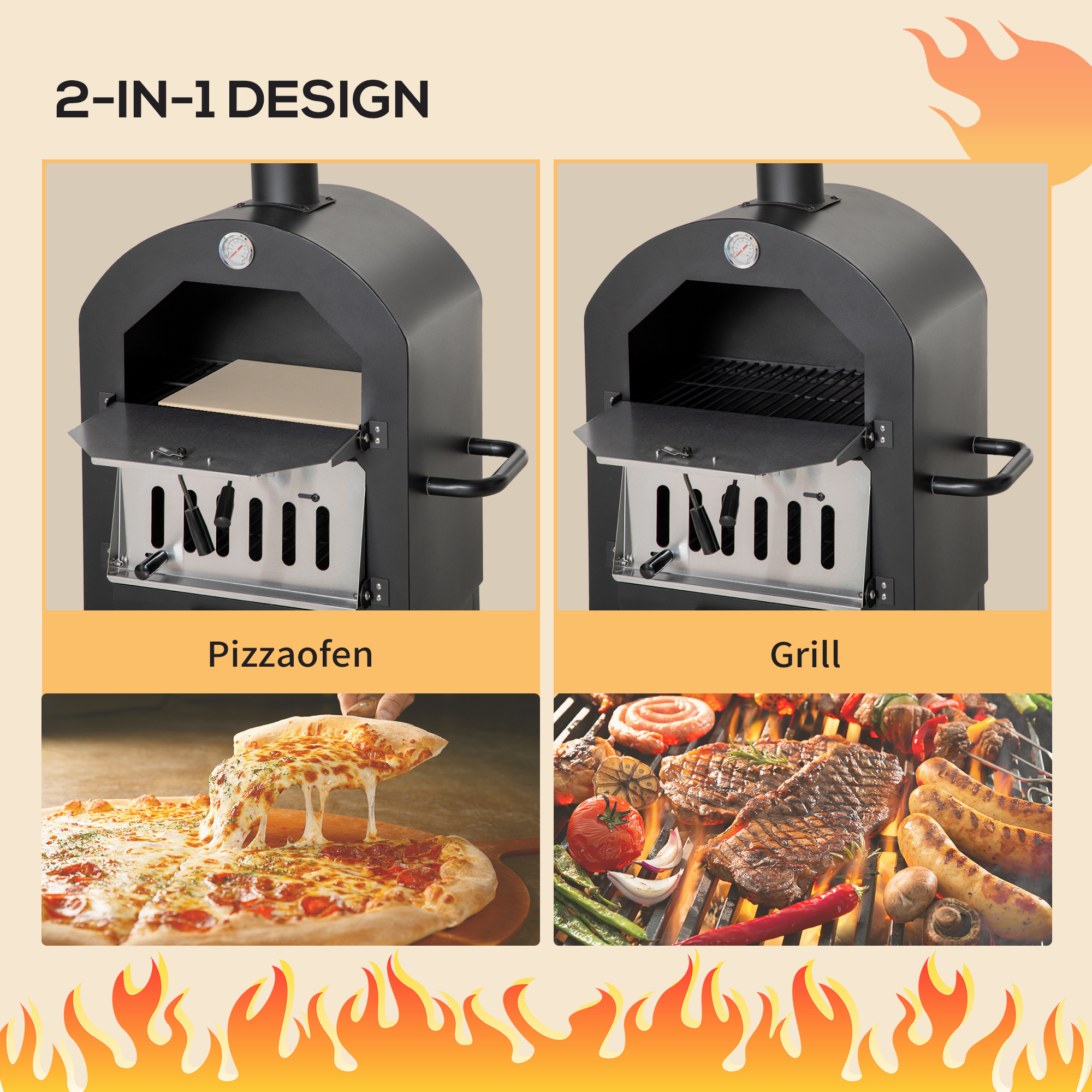 pizzaoven BBQ 3 niveaus zwart + zilver 63 x 54 x 161 cm
