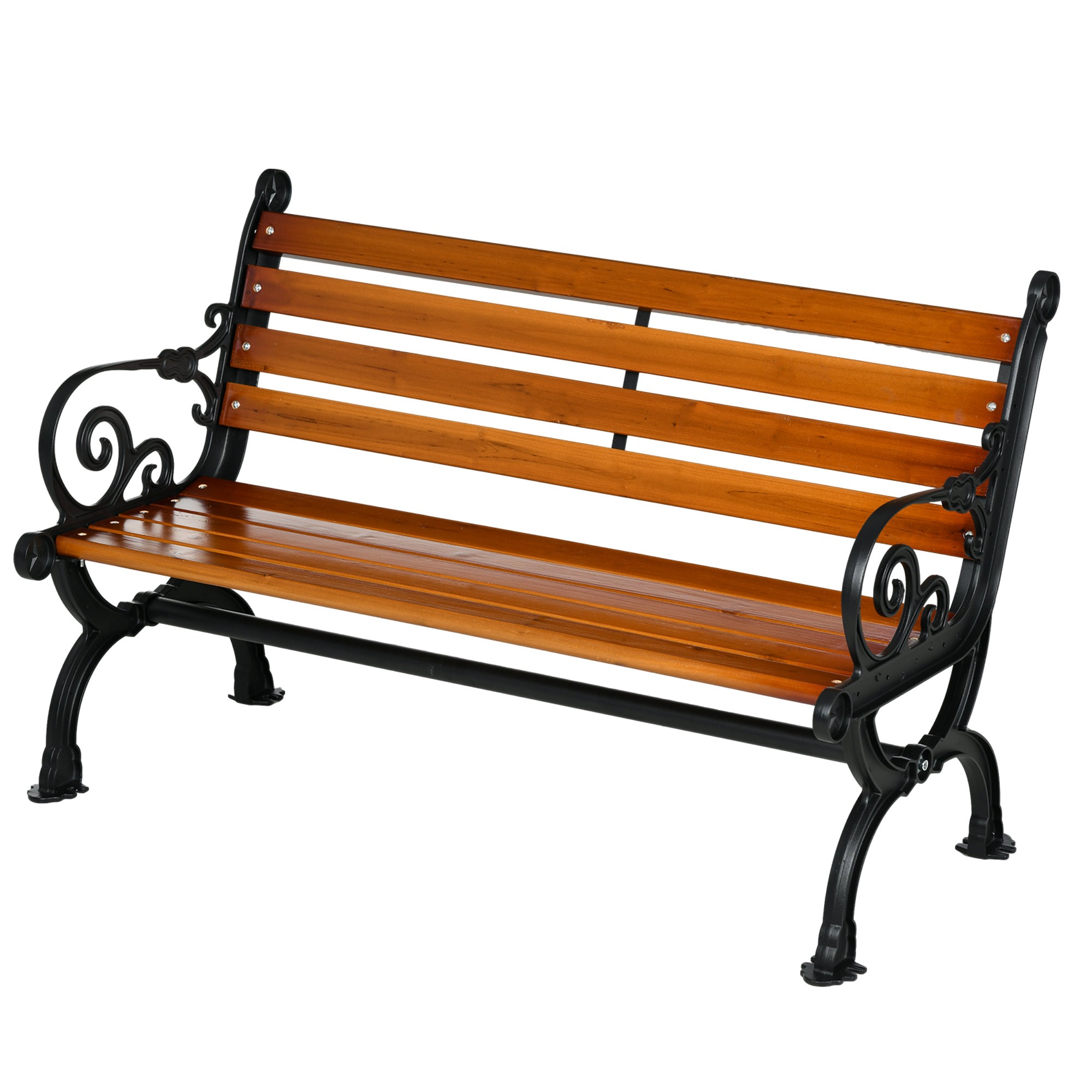 Outsunny Sitzbank für 2 Personen, dekorative Armlehnen, für Garten & Terrasse, Gussaluminium+Naturholz, 120 x 64 x 79 cm, Teak
