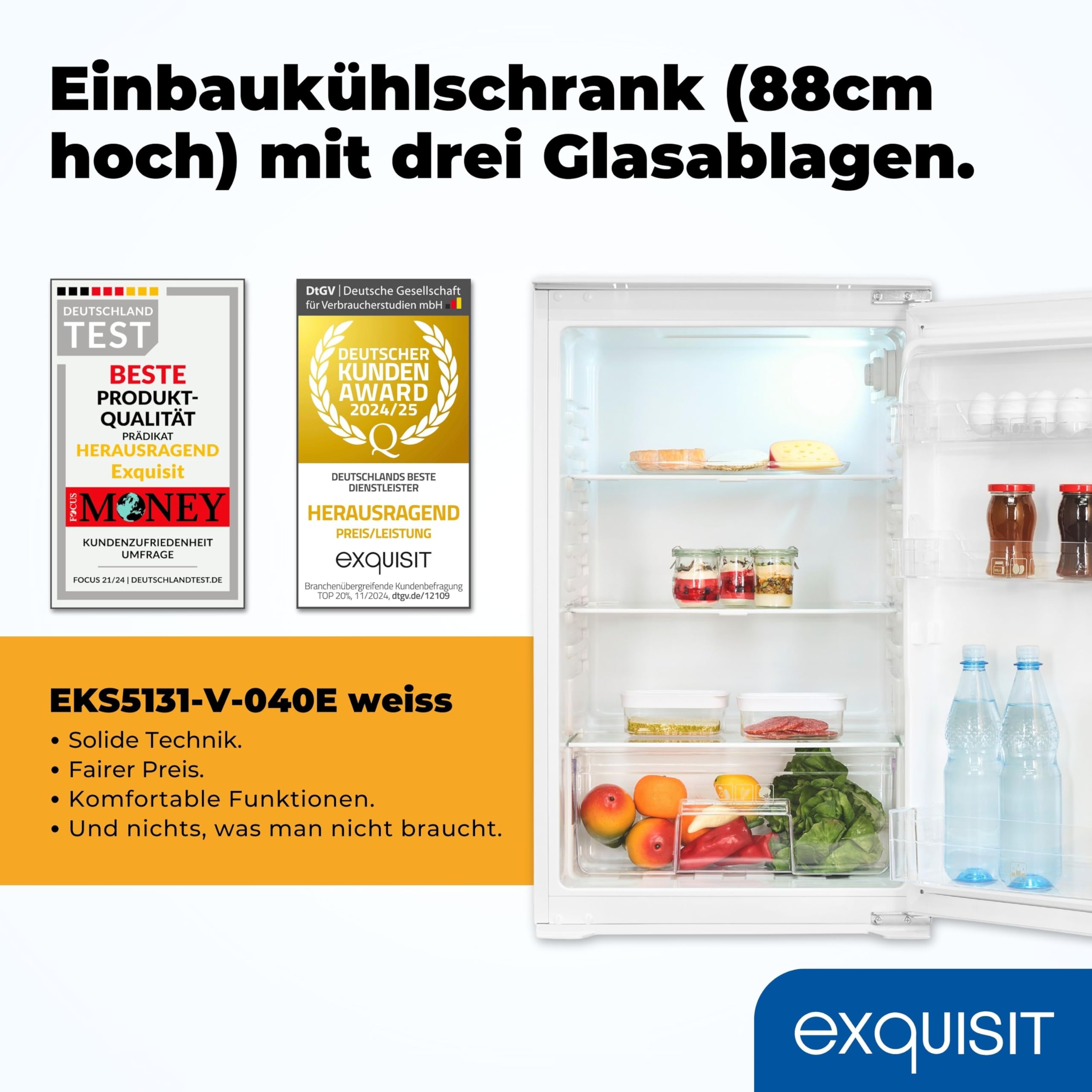 Einbau-Kühlschrank 129 Liter, 88 cm Nische, Vollraum, weiß, 39 dB, Türanschlag wechselbar