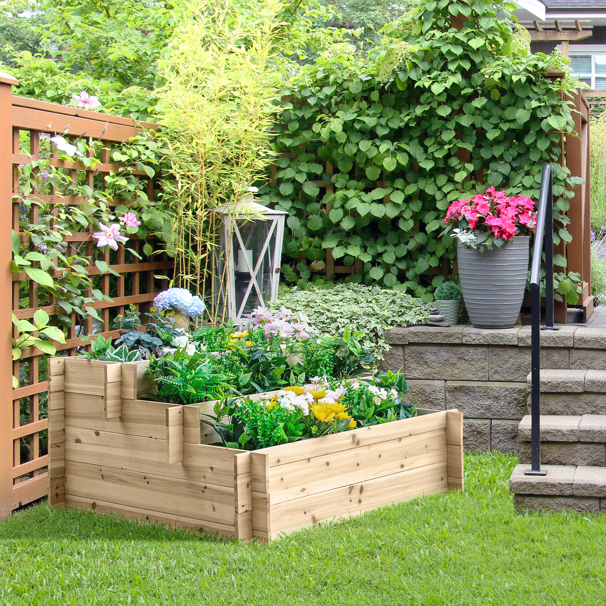 Outsunny Gartenbeet aus Tannenholz in 3 Ebenen, Pflanzkasten für den Außenbereich, 120x100x54 cm