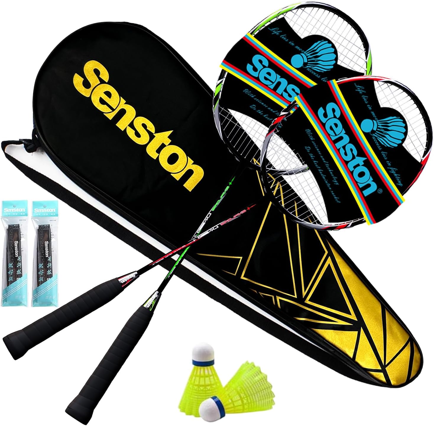 Senston Racchetta da Badminton per 2 Giocatori, Racchette da Badminton con Borsa,Volano, Overgrip