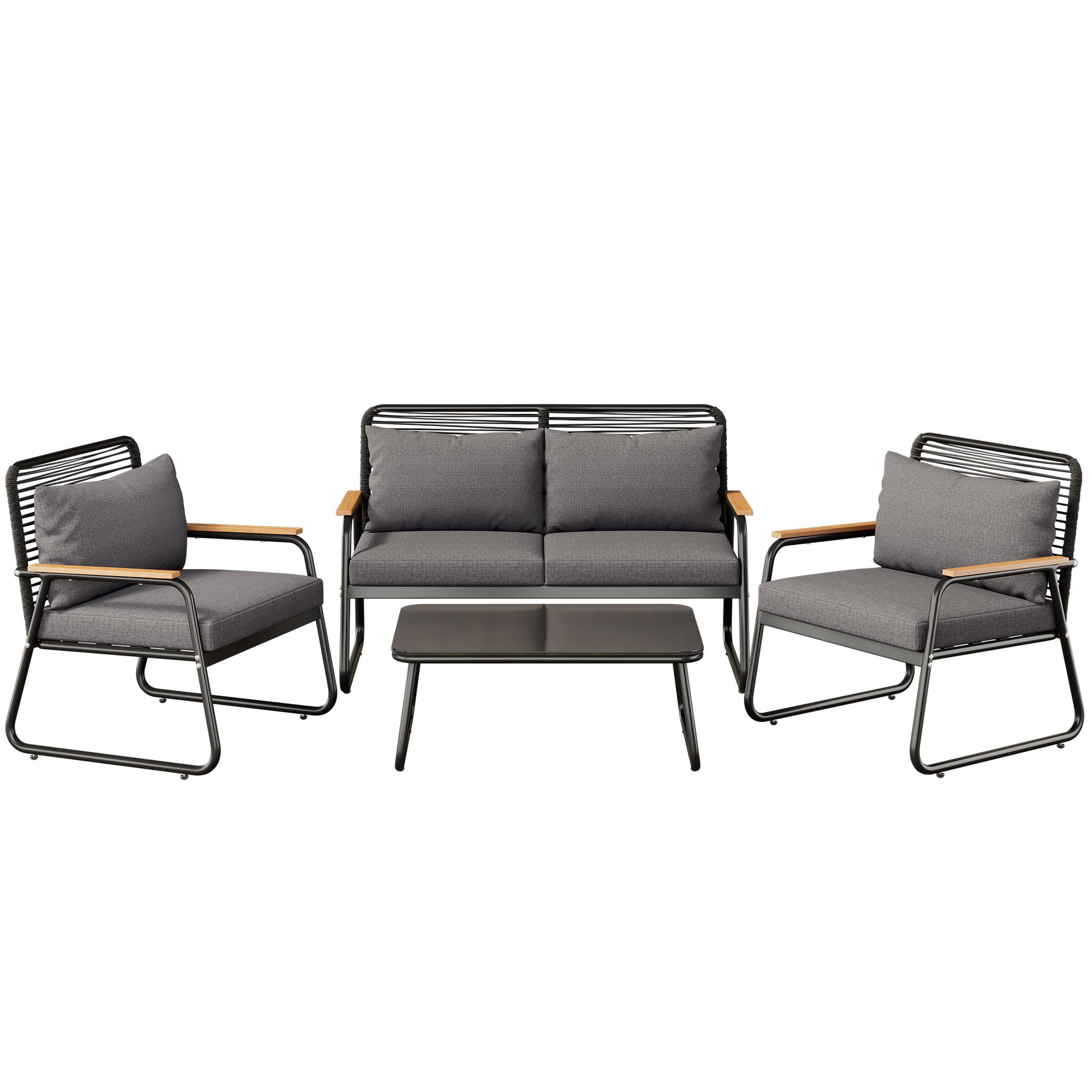 Loungemöbel 4-Personen-Set mit Doppelsofa, 2 Einzelsofas und Couchtisch, perfekt für Garten und Freizeitgebrauch, schwarz