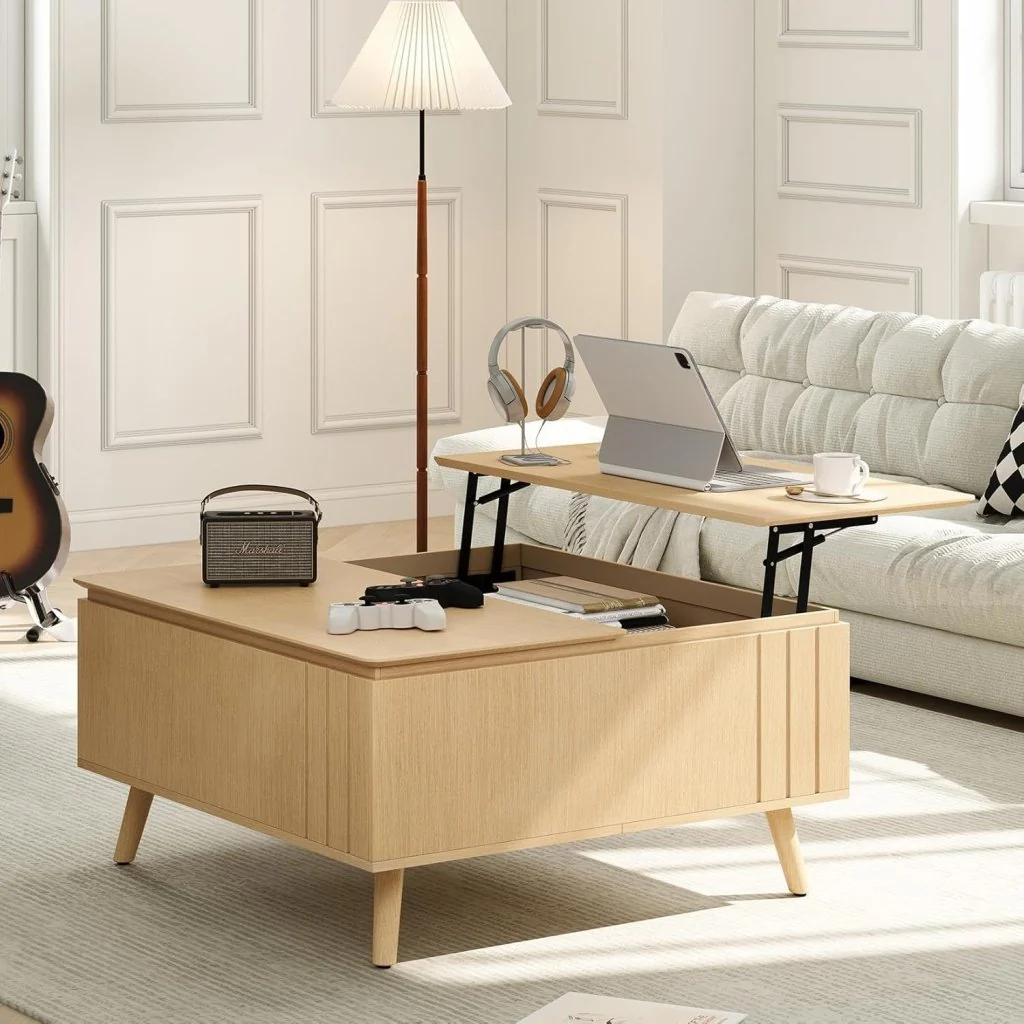 Round Coffee Table with Storage,Fluted Center Table with Sliding Cabinet Door for Living Room,Home Small Space,31.5