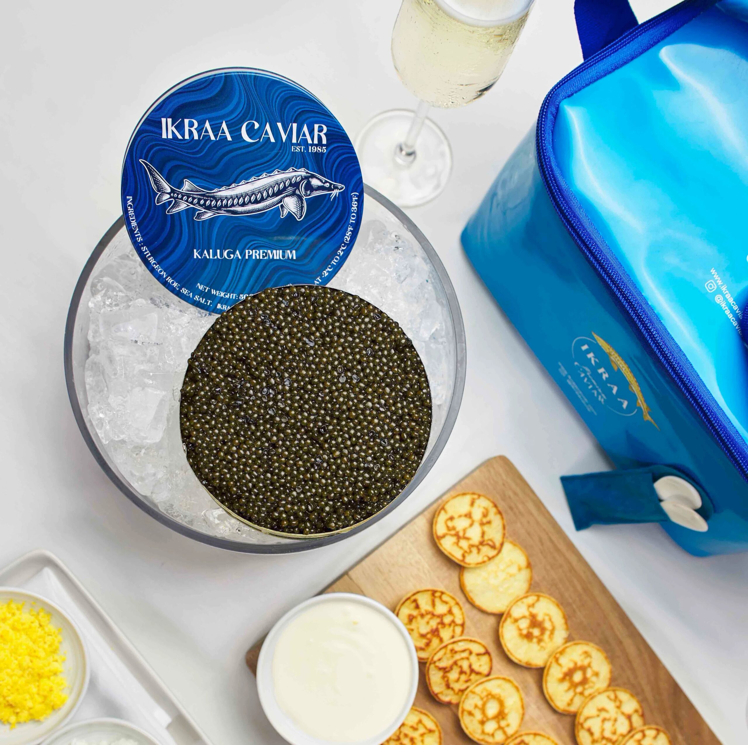 IKRAA Caviar Picnic Pack Set – Includes Blinis, Truffle Butter, Crème Fraîche & Pearl Spoons