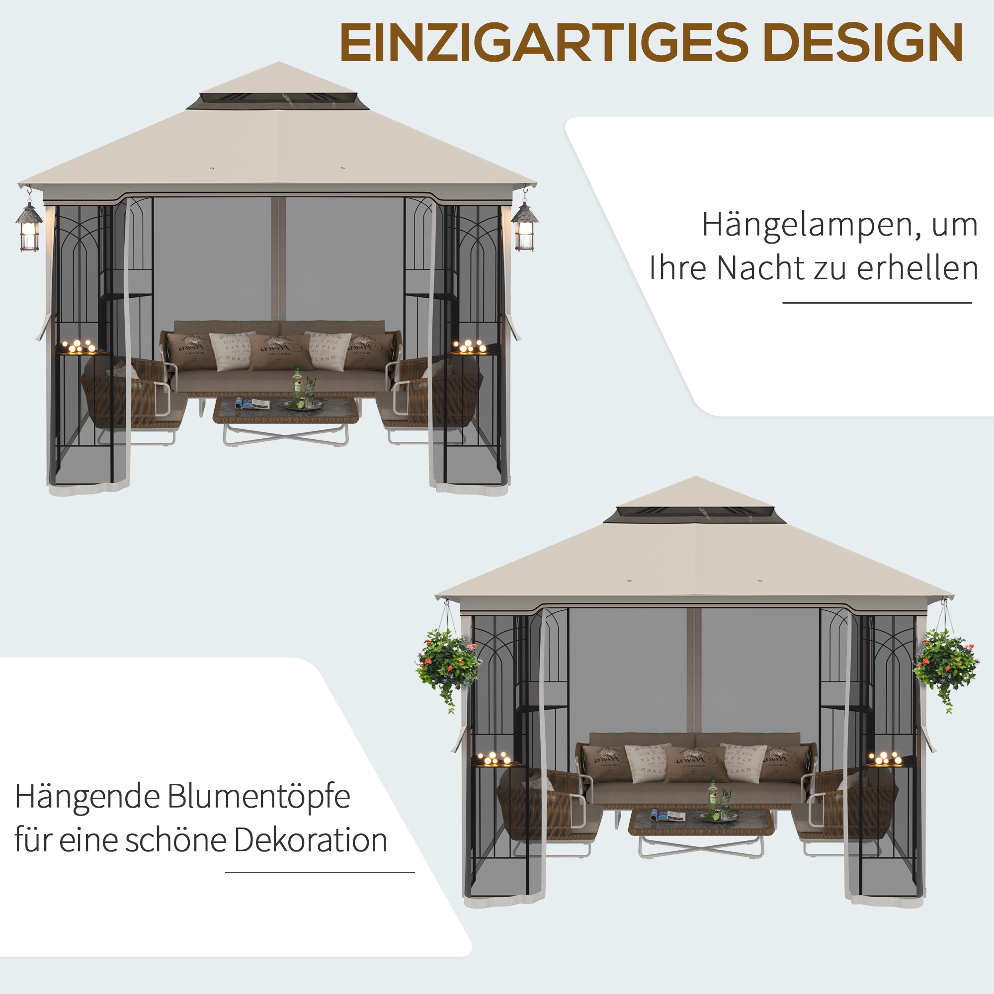 tuinprieel met dubbel dak tuinprieel partytent met 4 x zijwand metaal+polyester beige 2,99 x 2,99 x 2,74 m