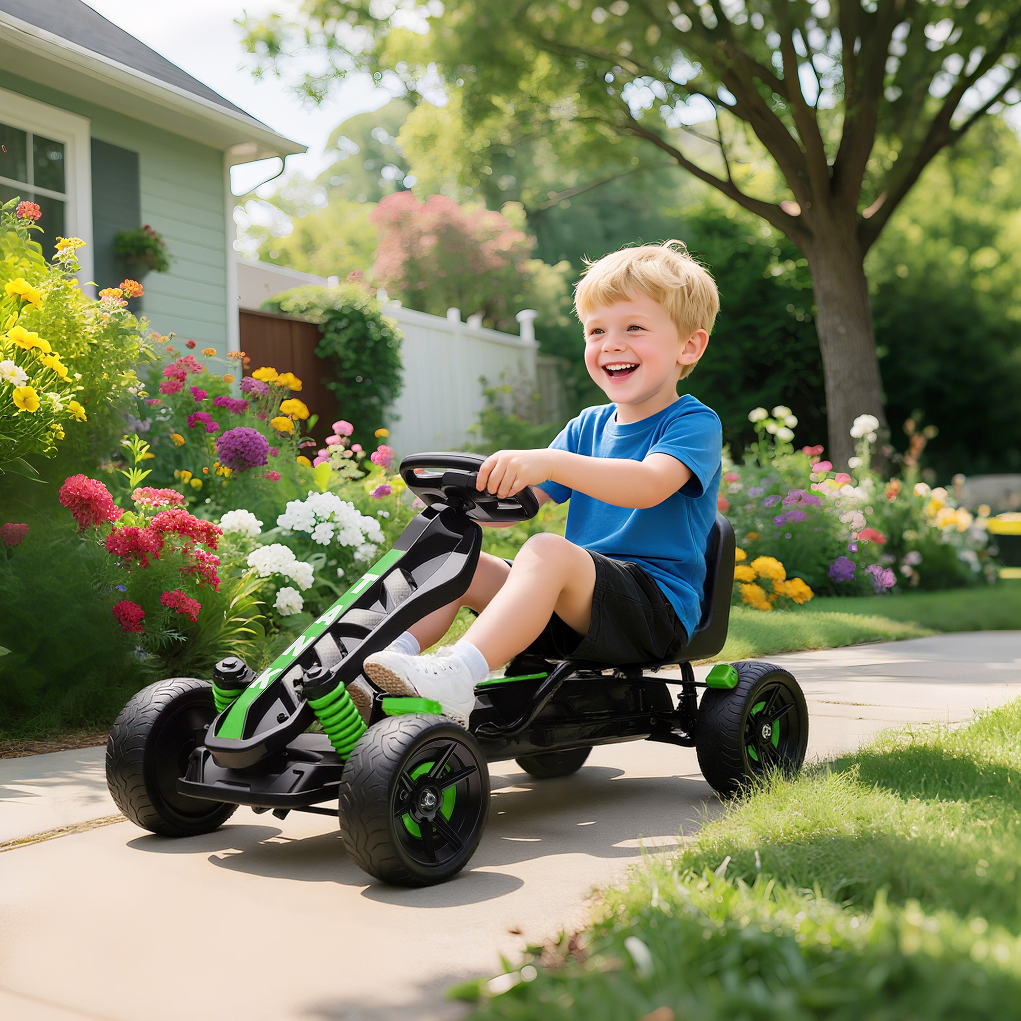 AIYAPLAY Pedal Go-Kart für Kinder, Kinderkarting 3 bis 6 Jahre mit automatischer Kupplung, Bremse, rutschfesten EVA-Rädern, Grün