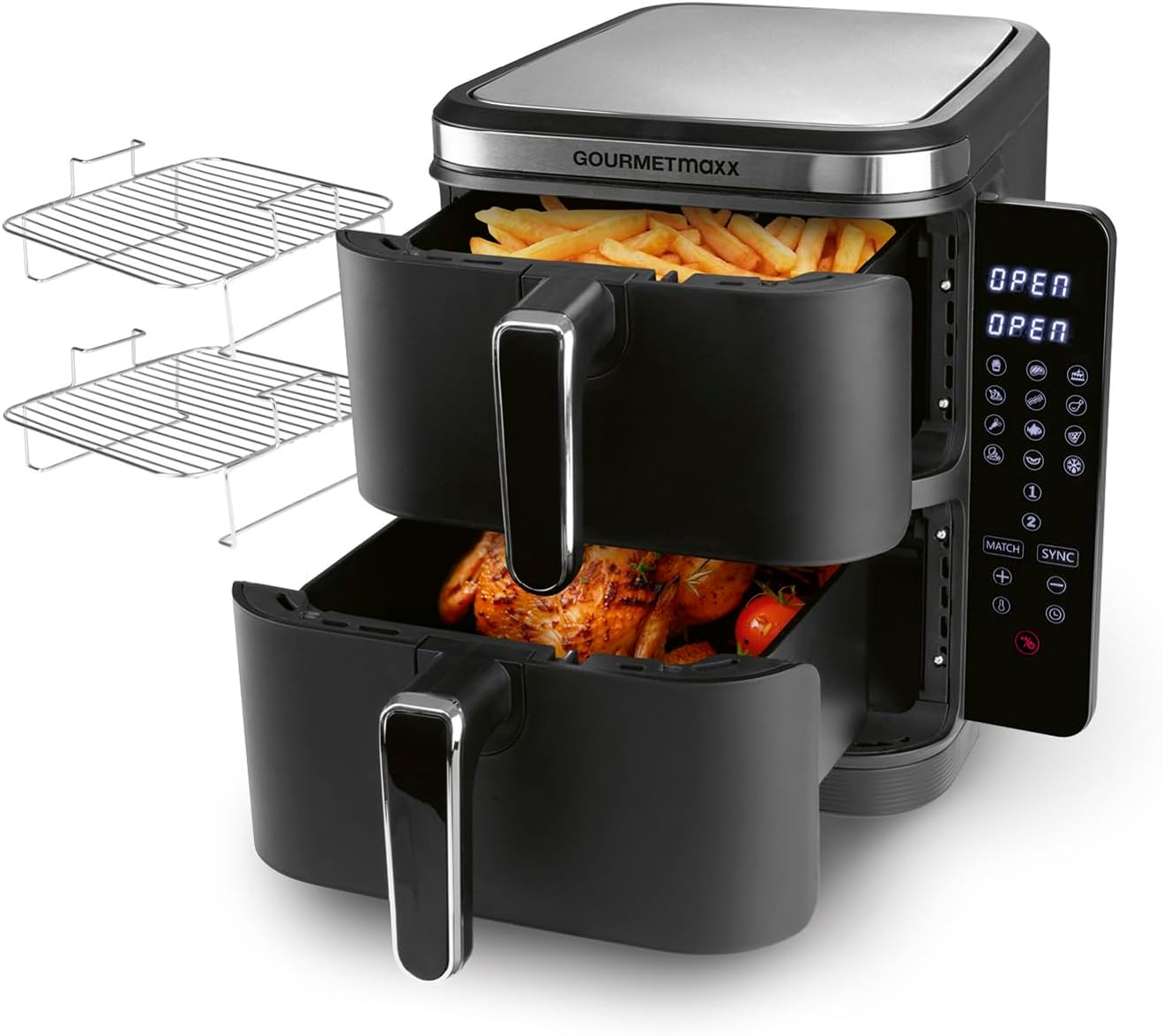 GOURMETmaxx FryUp Friggitrice verticale ad aria calda a doppia camera | Friggitrice 10 litri | 4 piatti su 4 livelli | Display touch richiudibile | 32% in più di risparmio di spazio | Calda 2 camere