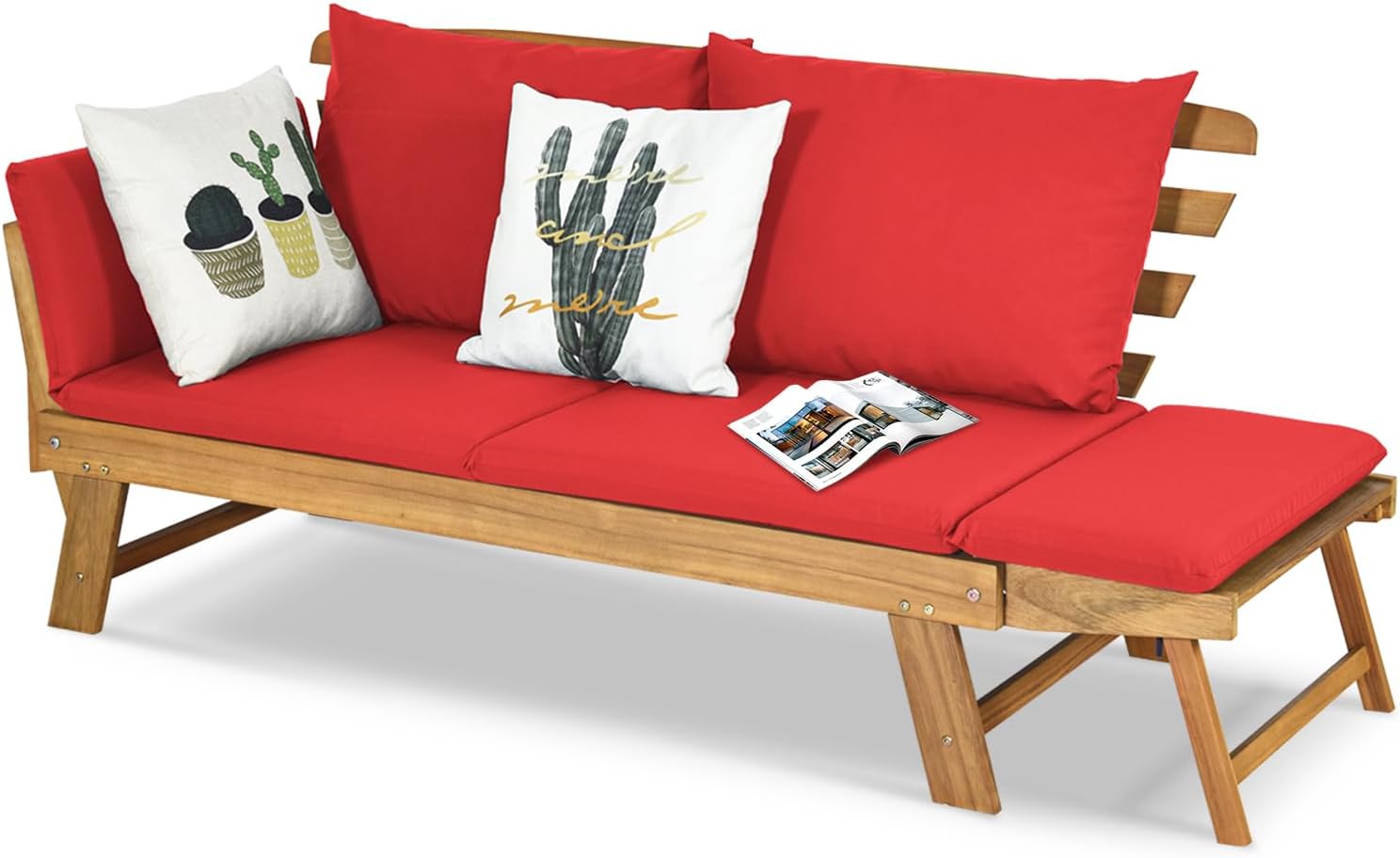 GYMAX 2 in 1 Outdoor Sofa 2 Seater Garden Sofa Bed with Cushion, Folding Wooden Garden Lounger with Adjustable Armrests, Garden Sofa Set, 157-198 x 75 x 75 cm (Red)