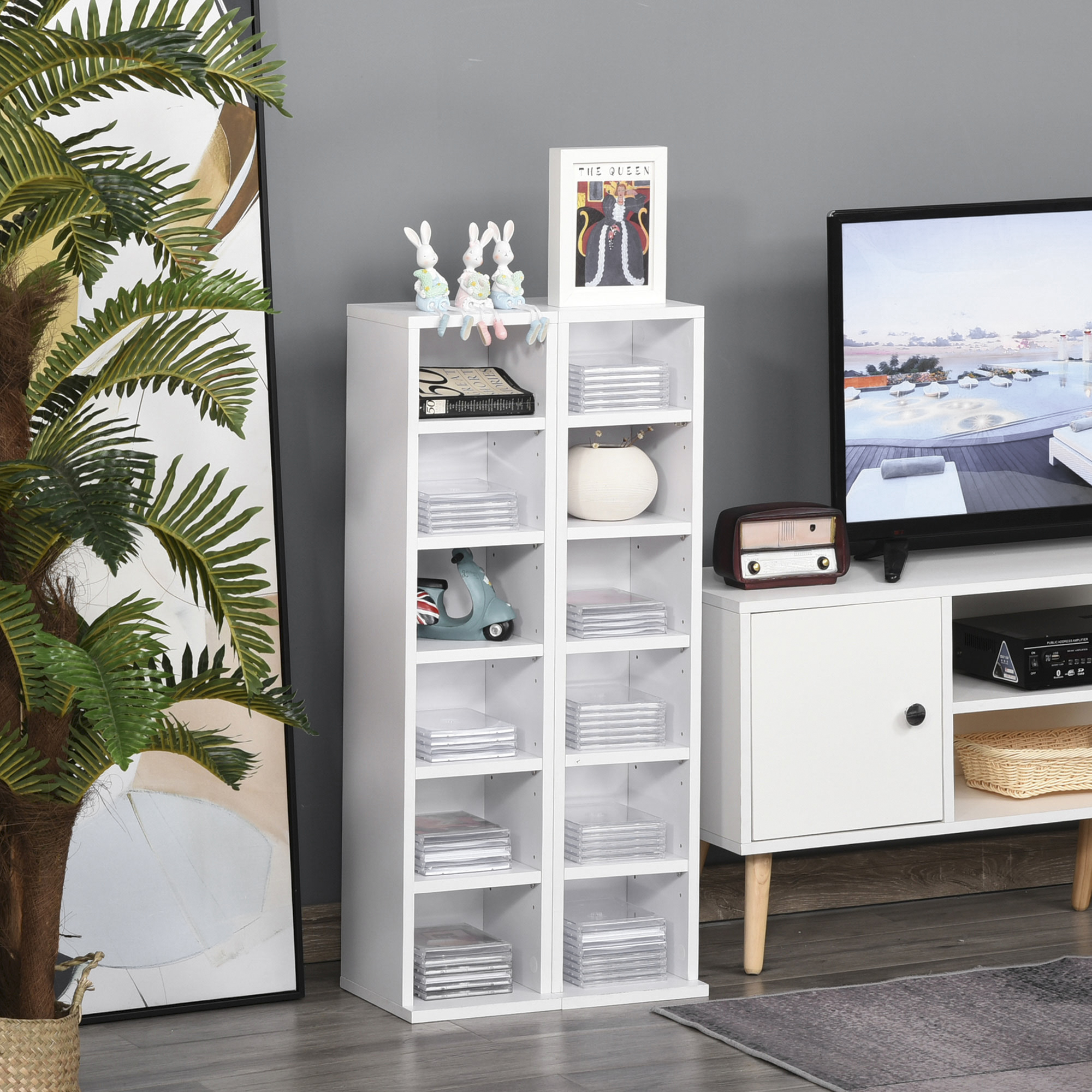 HOMCOM CD-Ständer 2er Set CD-Regal Holzregal Standregal mit 12 offenen Ablagefächern Medienrega Dekoregal Aufbewahrung Weiß 21 x 22,5 x 88,5 cm