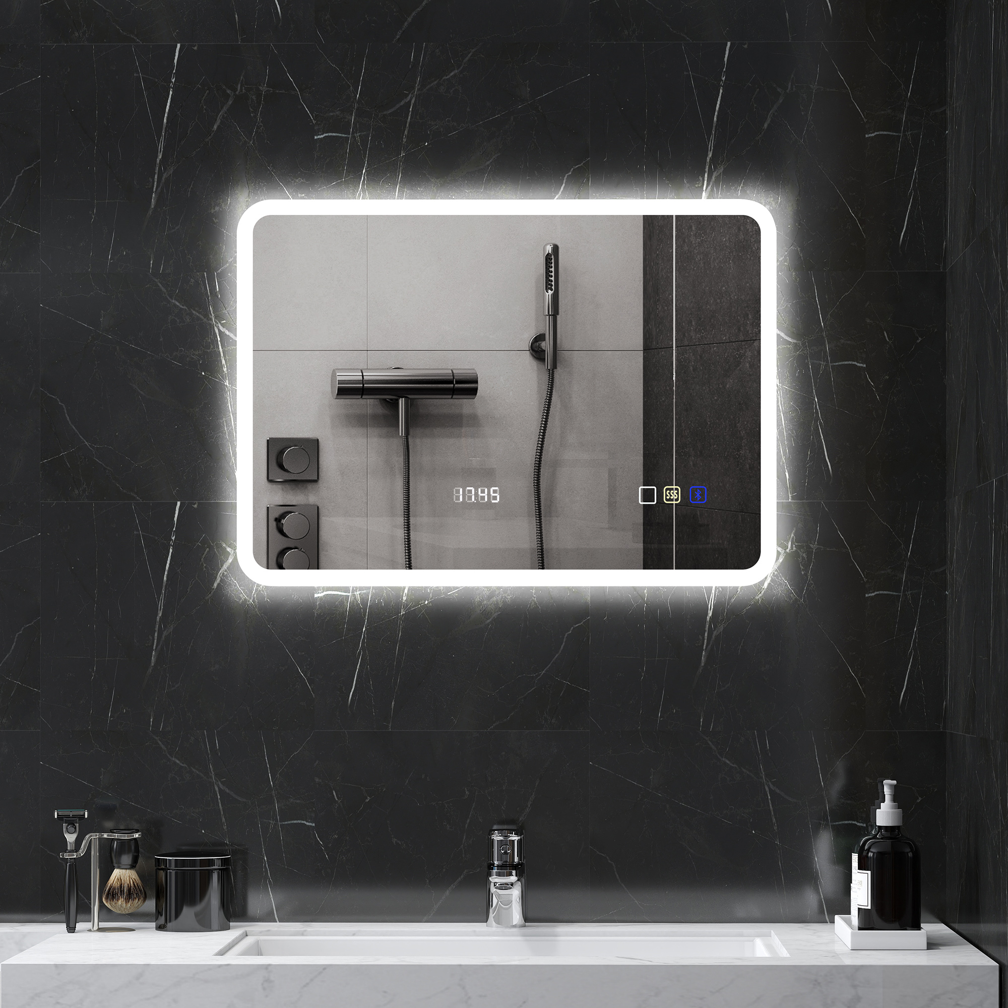 HOMCOM Badezimmerspiegel mit LED-Licht 70x50 cm mit Bluetooth 3 Lichtfarben Digitaluhr Anti-Beschlag-Funktion Speicherfunktion