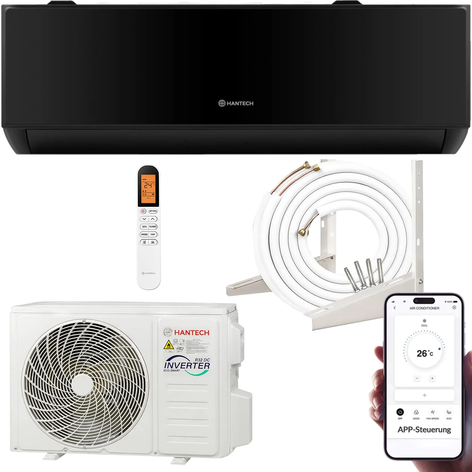 Split Klimaanlage 12000 BTU (bis 45m²) HANTECH H-PRO Heiz-&Kühlfunktion, Luftfilter, WIFI, Montagematerial weiß