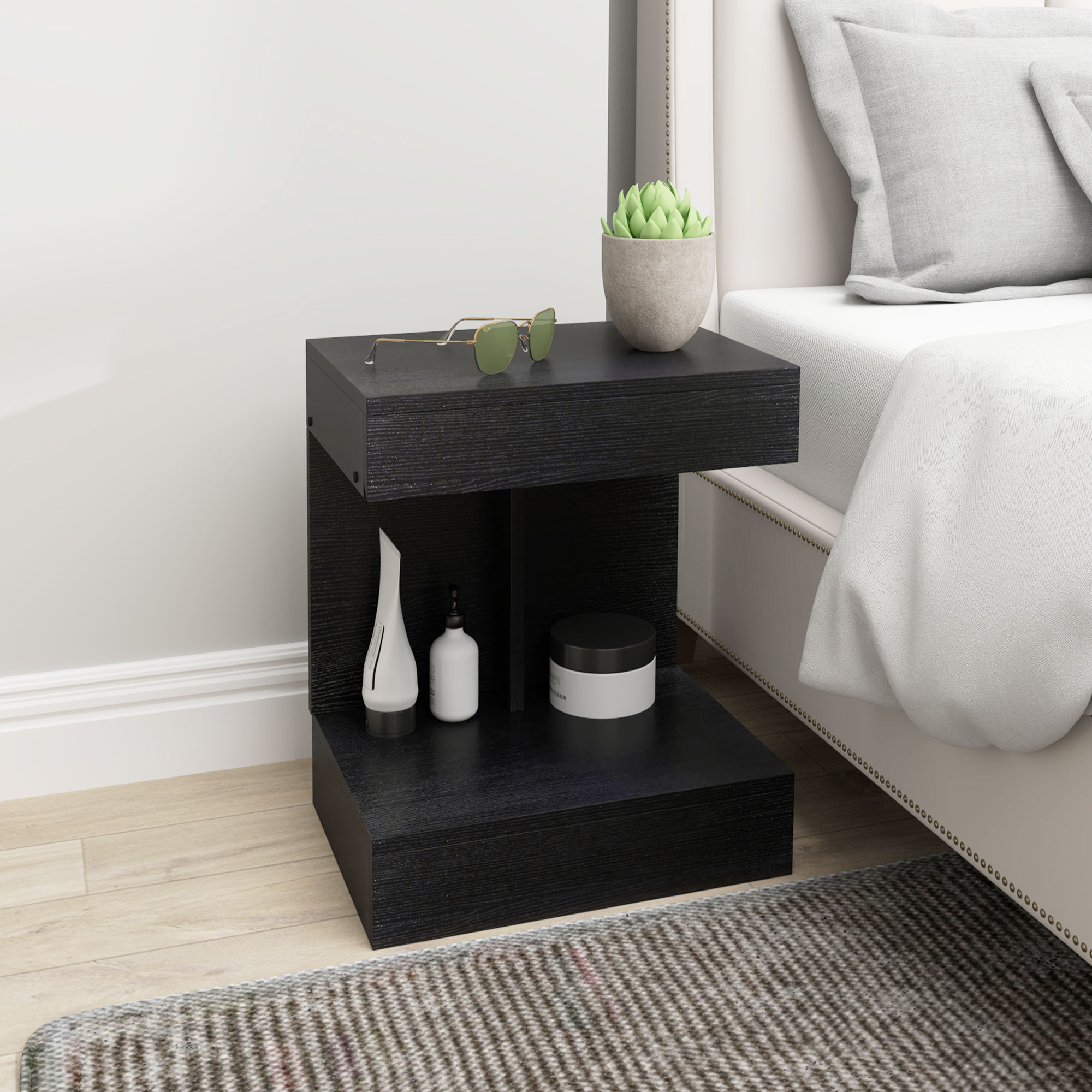 HOMCOM Nachttisch, Beistelltisch mit Schublade und Ablagefach, Moderner Sofatisch mit Regal für verschiedene Räume, Schwarz