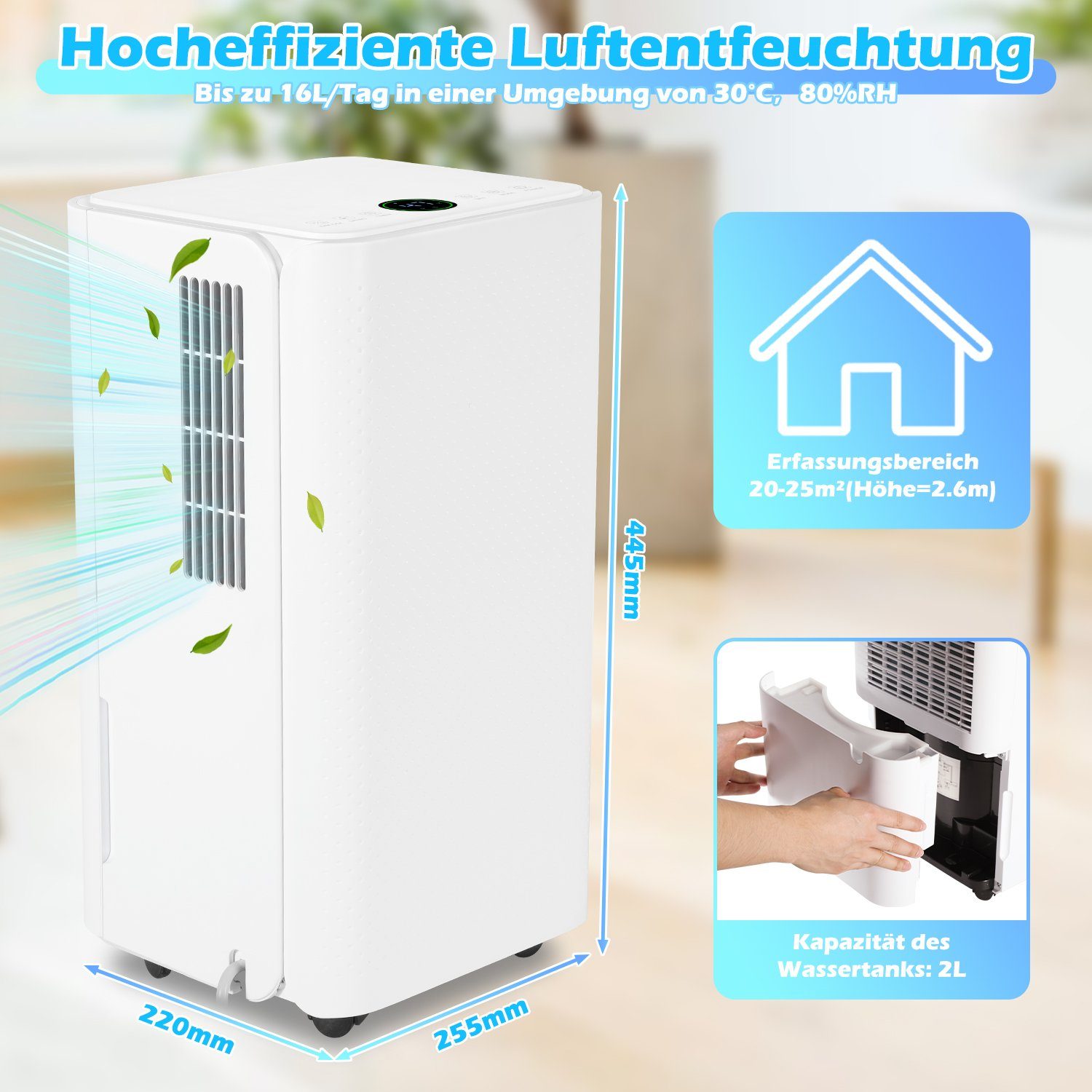 Luftreiniger Luftentfeuchter Elektrisch 16L/24H, leise 36dB Raumentfeuchter Timer