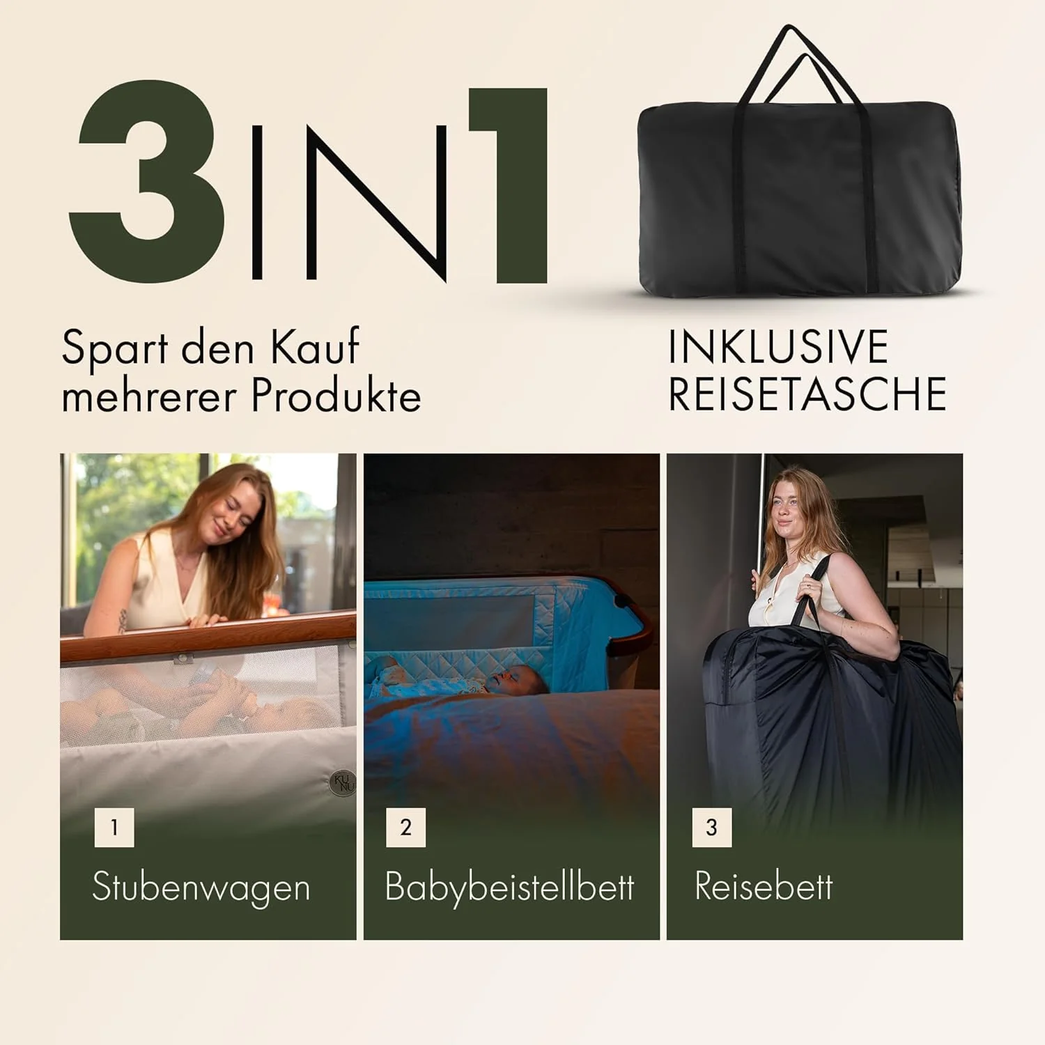 KUNU nieuw baby-co-sleeper - Van ouders voor ouders - Scandinavisch design - Verrijdbaar & schommelfunctie - In hoogte verstelbaar - Baby-geoptimaliseerd matras - incl. reistas