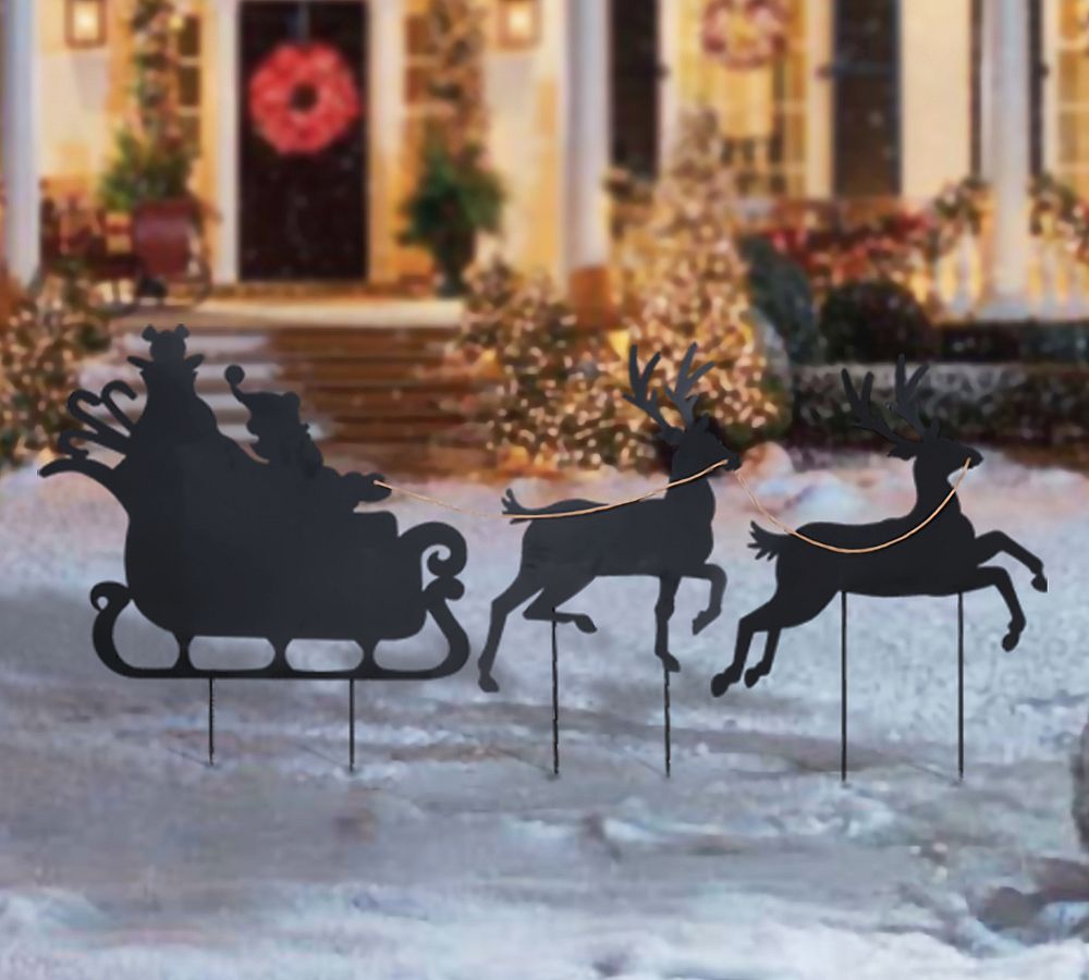 Metal Santa Reindeer Sleigh Outdoor Yard Stakes Set   tiaotiao