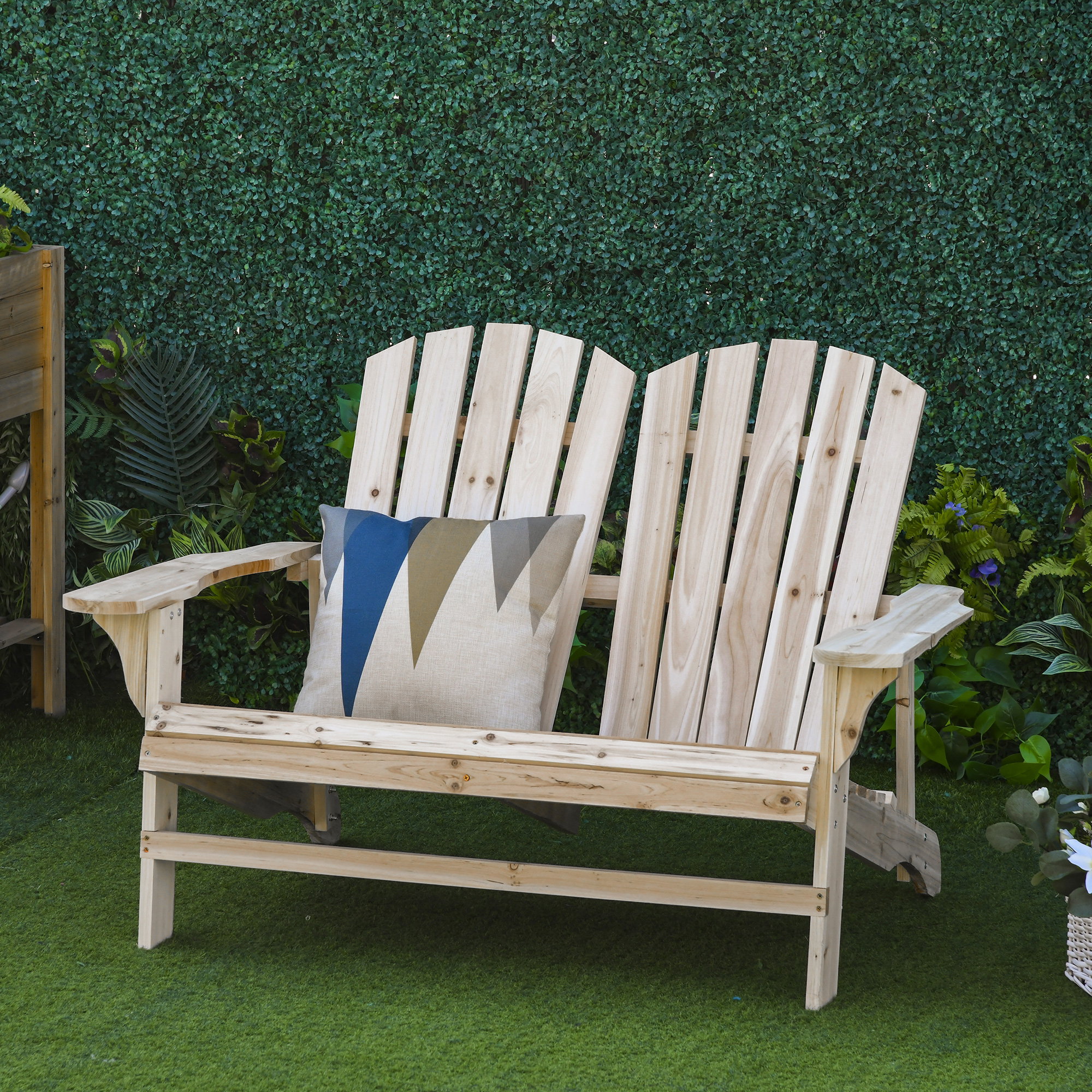 Outsunny Adirondack Gartenbank für 2 Personen mit Sitz- und Rückenlehne aus Holzlatten Breite Armlehnen Naturbelassenes Fichtenholz lasiert