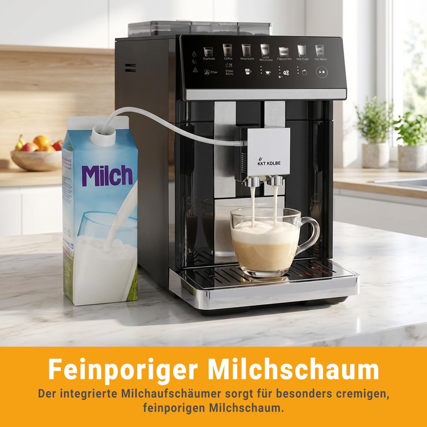 KKT KOLBE One Kaffeevollautomat mit Milchbehälter, Milchschaumdüse und Zubehör, 2 Tassen Funktion, 15 Bar, 7-stufiges Mahlwerk, Touchscreen, Automatische Reinigung, 7 Getränke, schwarz silber