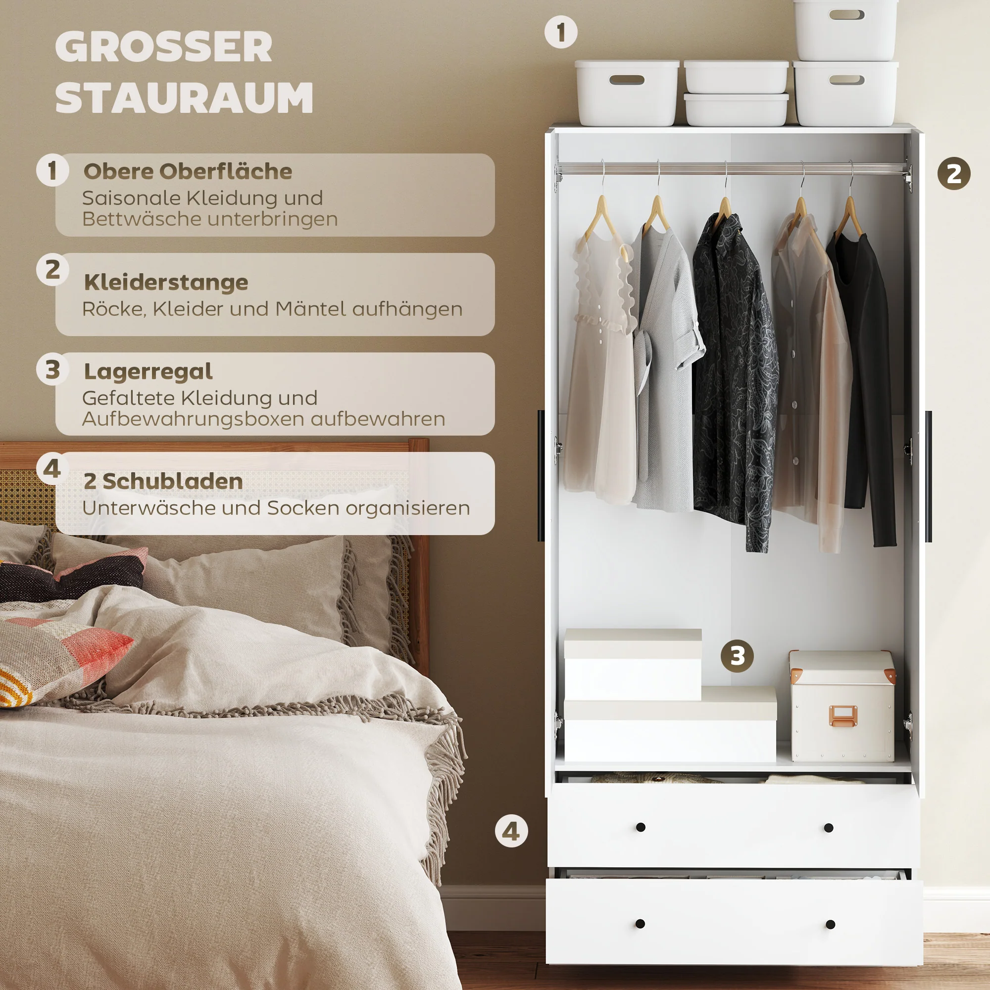 HOMCOM Garderobekast, 2-Deurs, Hangruimte, Kledingstang, 2 Laden, Spaanplaat, Wit