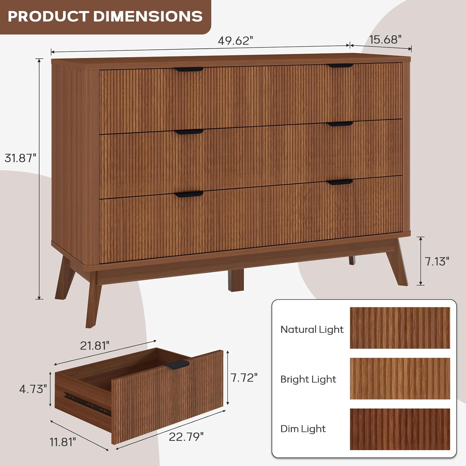 Fluted Dresser for Bedroom,49.6'' Modern Wooden Walnut Dresser with 6 Drawers, Bedroom Dressers, Natural Wood Chest of Drawers for Living Room, Hallway (Walnut)