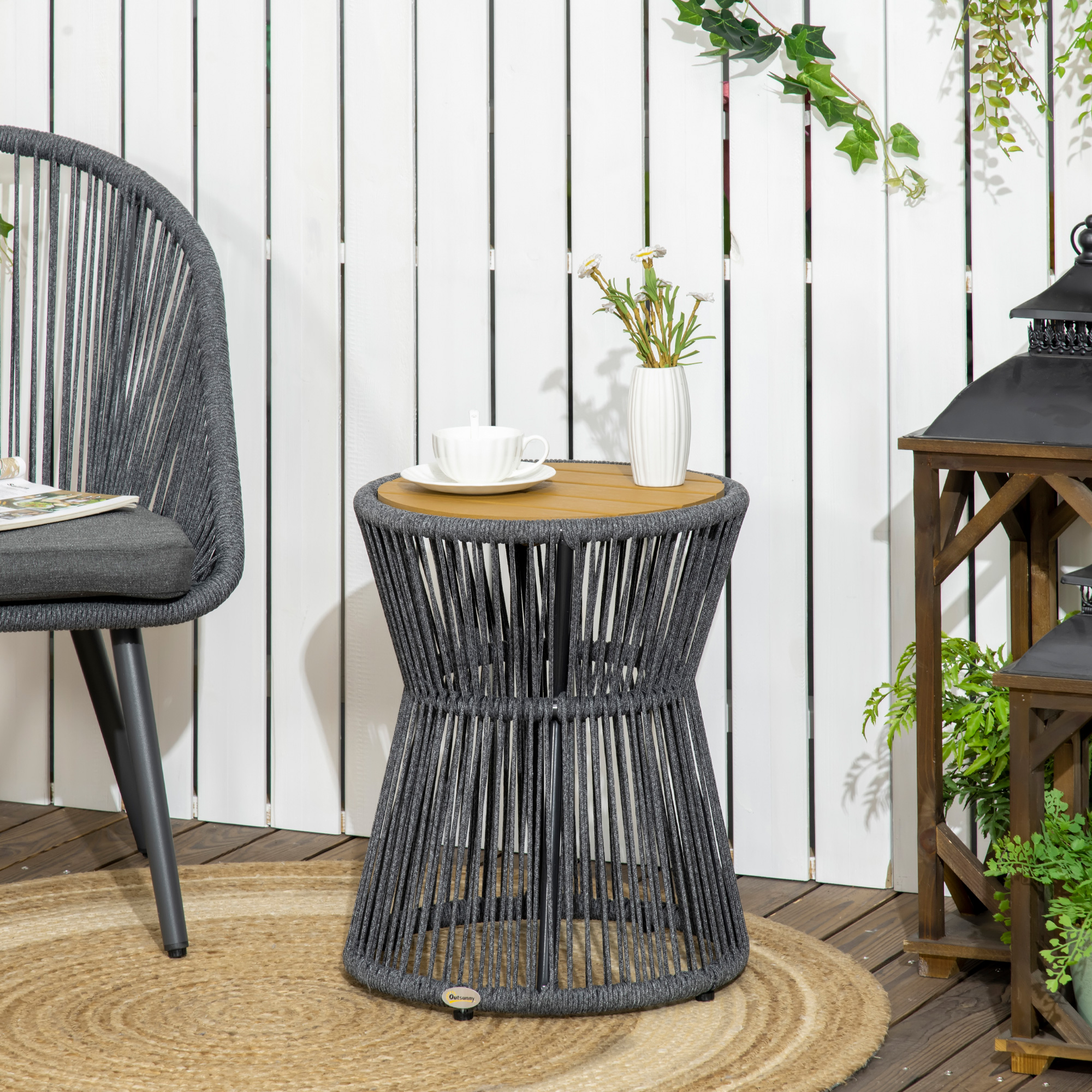 Outsunny Gartentisch im Boho-Stil, wetterbeständig, PE-Rattan, 39 cm x 39 cm x 49 cm, Schwarz + Natur