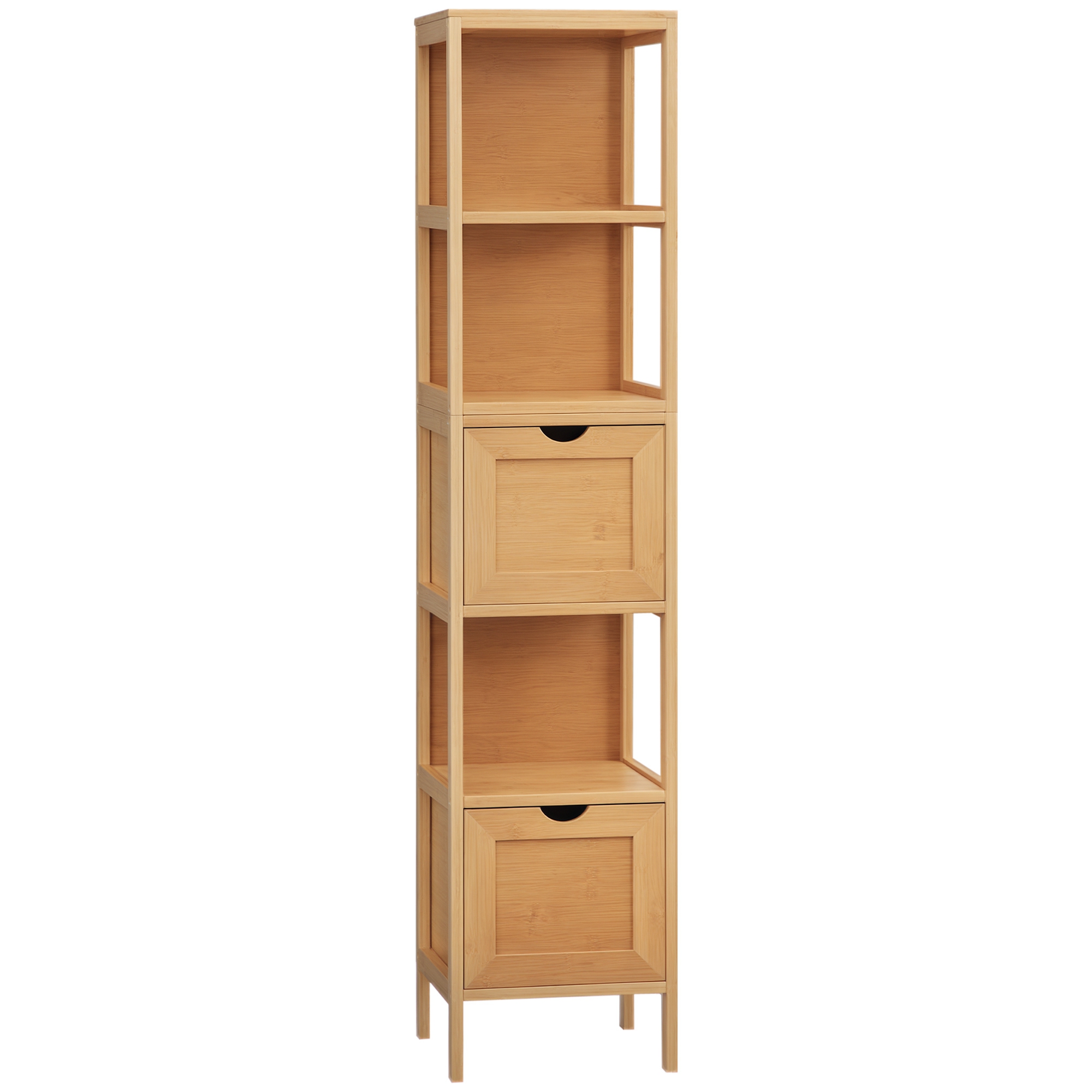 kleankin Badezimmerschrank, 3 Regale, 2 Schubladen, Bambus, 30 cm x 30 cm x 140 cm, Natur